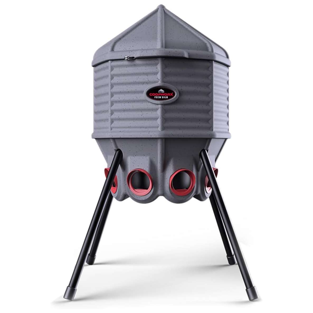 Comedero tolva gigante de 36 kg para gallinas con 8 puertos y patas ajustables para exterior.