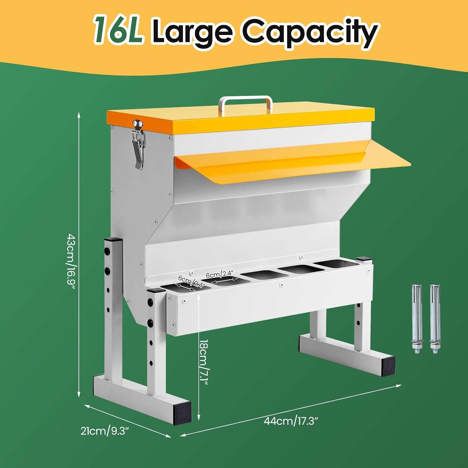 Comedero tolva metalico de 9 kg para gallinas y patos con 5 puertos y patas ajustables anti lluvia.