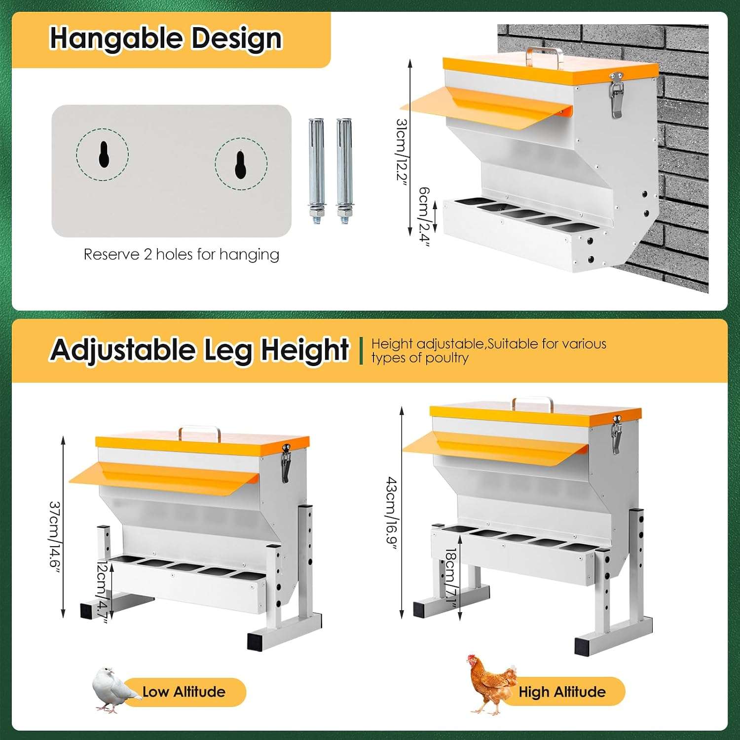 Comedero tolva metalico de 9 kg para gallinas y patos con 5 puertos y patas ajustables anti lluvia.