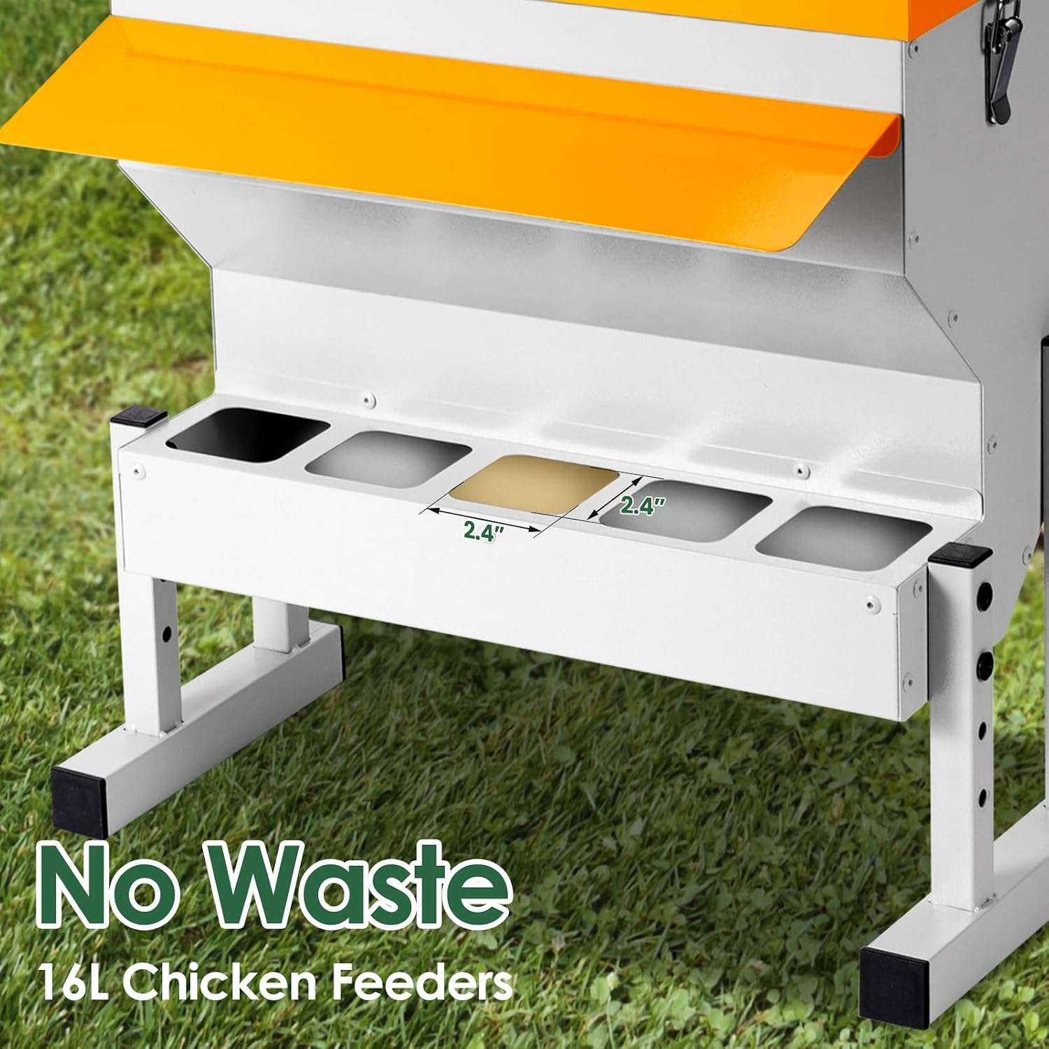 Comedero tolva metalico de 9 kg para gallinas y patos con 5 puertos y patas ajustables anti lluvia.