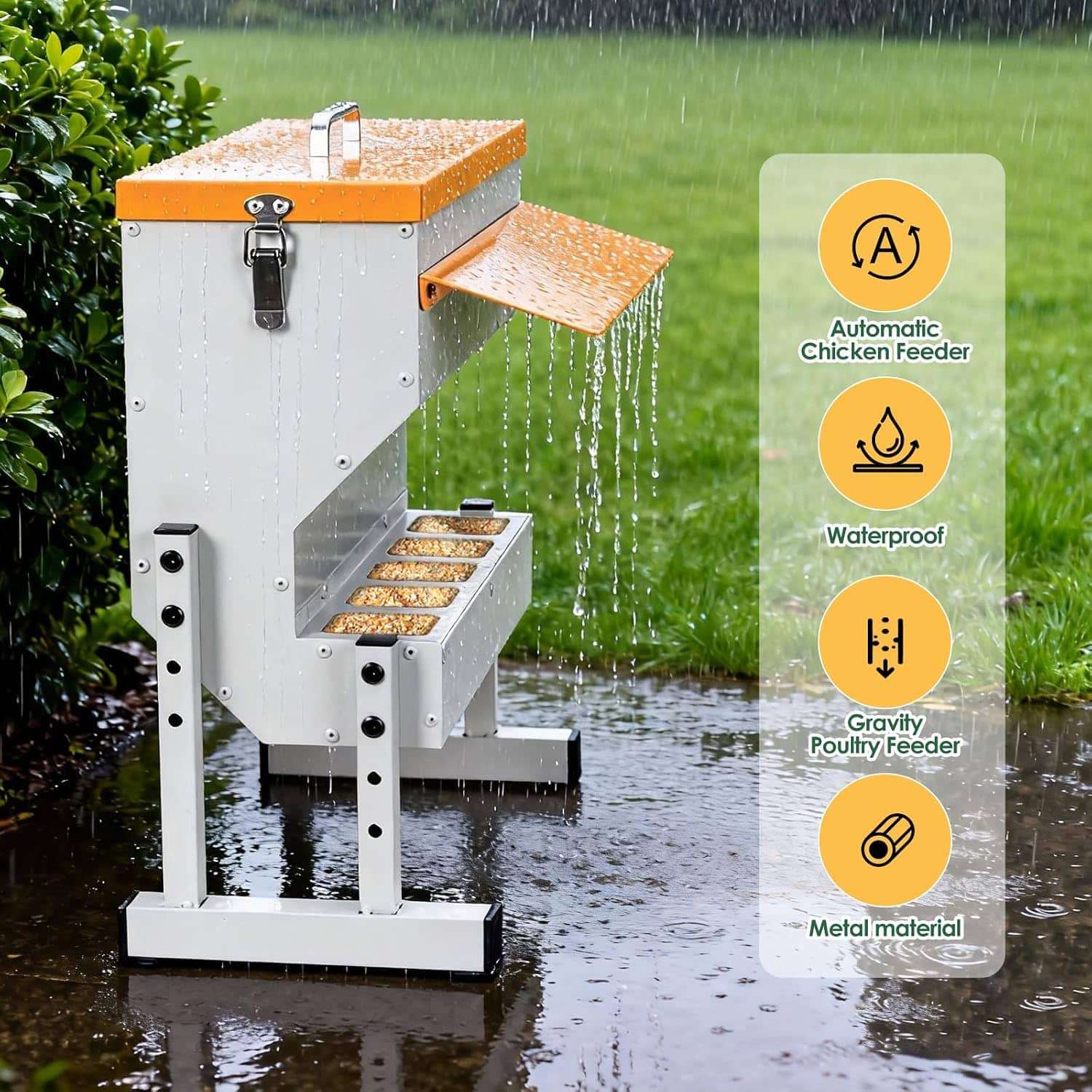 Comedero tolva metalico de 9 kg para gallinas y patos con 5 puertos y patas ajustables anti lluvia.
