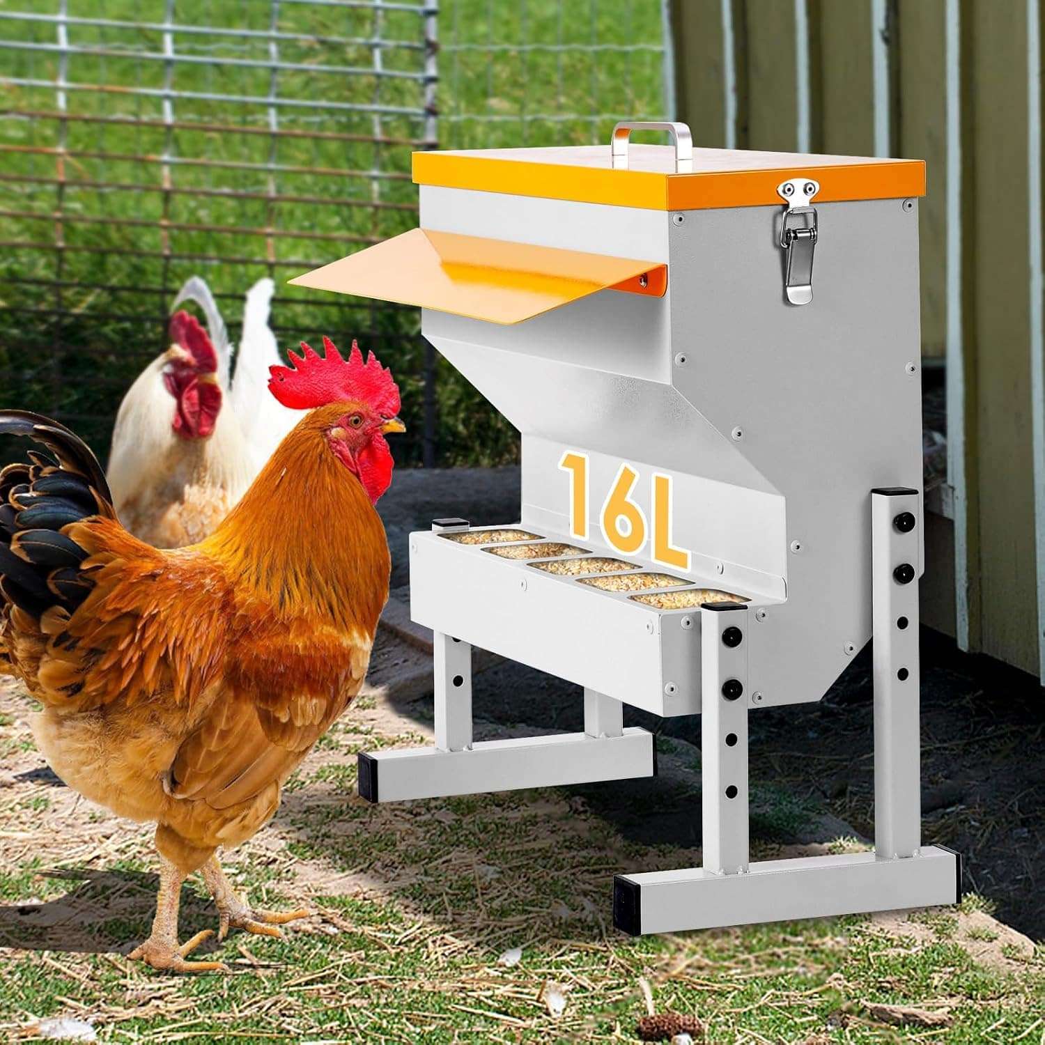 Comedero tolva metalico de 9 kg para gallinas y patos con 5 puertos y patas ajustables anti lluvia.