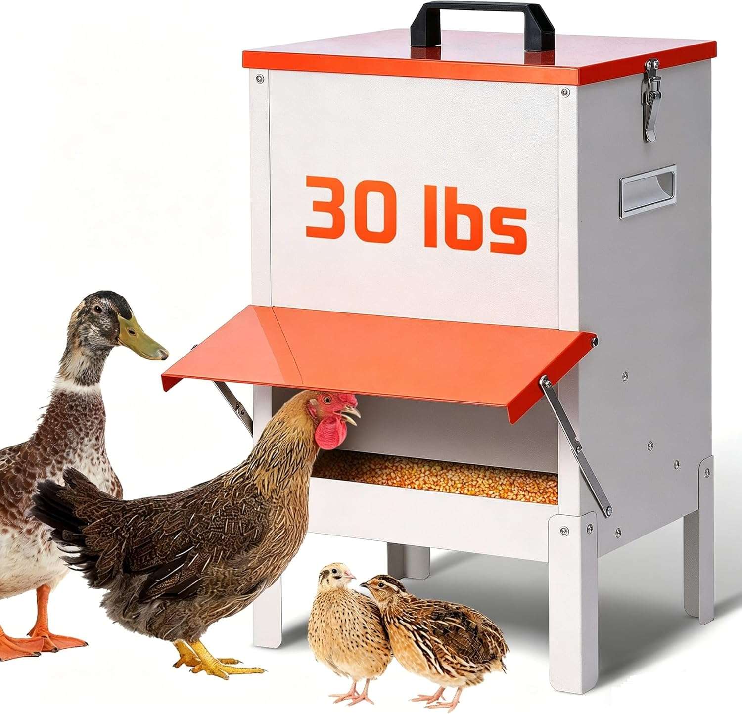 Comedero tolva metalico de 13.5 kg para gallinas con patas ajustables y techo para lluvia.