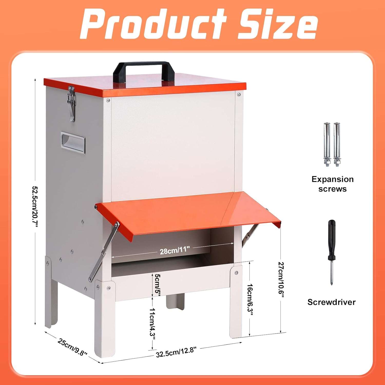 Comedero tolva metalico de 13.5 kg para gallinas con patas ajustables y techo para lluvia.
