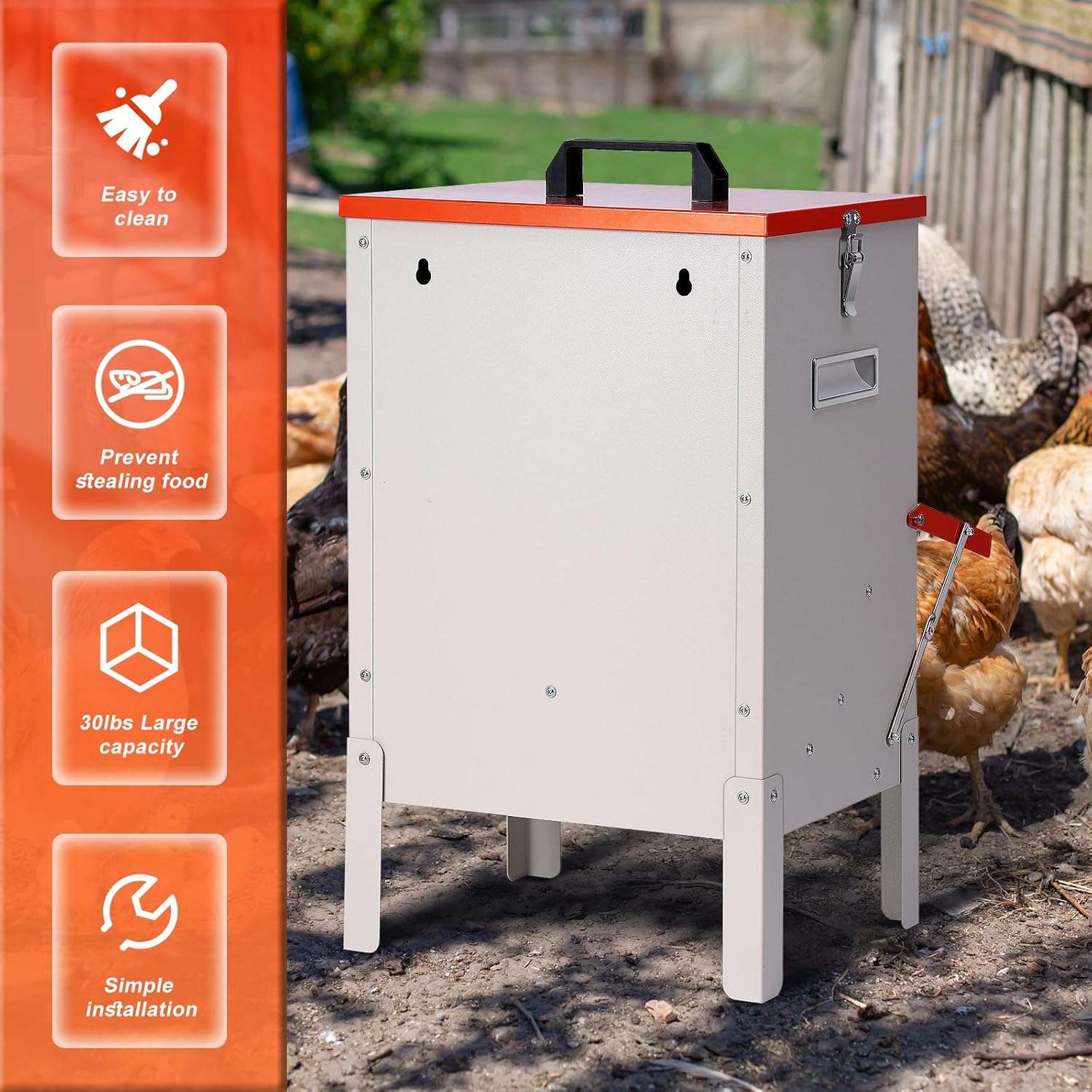 Comedero tolva metalico de 13.5 kg para gallinas con patas ajustables y techo para lluvia.