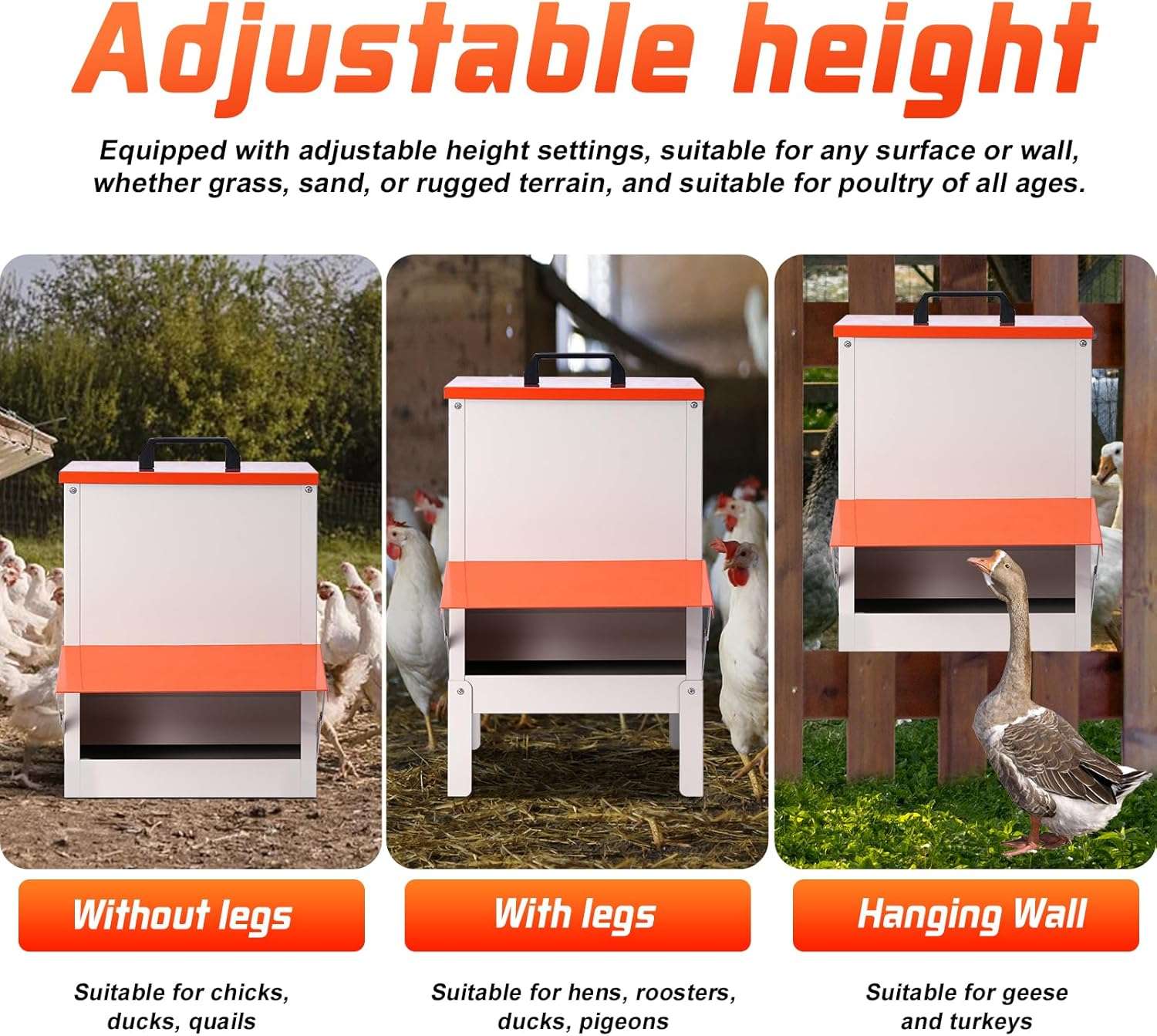 Comedero tolva metalico de 13.5 kg para gallinas con patas ajustables y techo para lluvia.