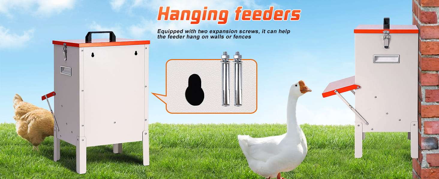 Comedero tolva metalico de 13.5 kg para gallinas con patas ajustables y techo para lluvia.
