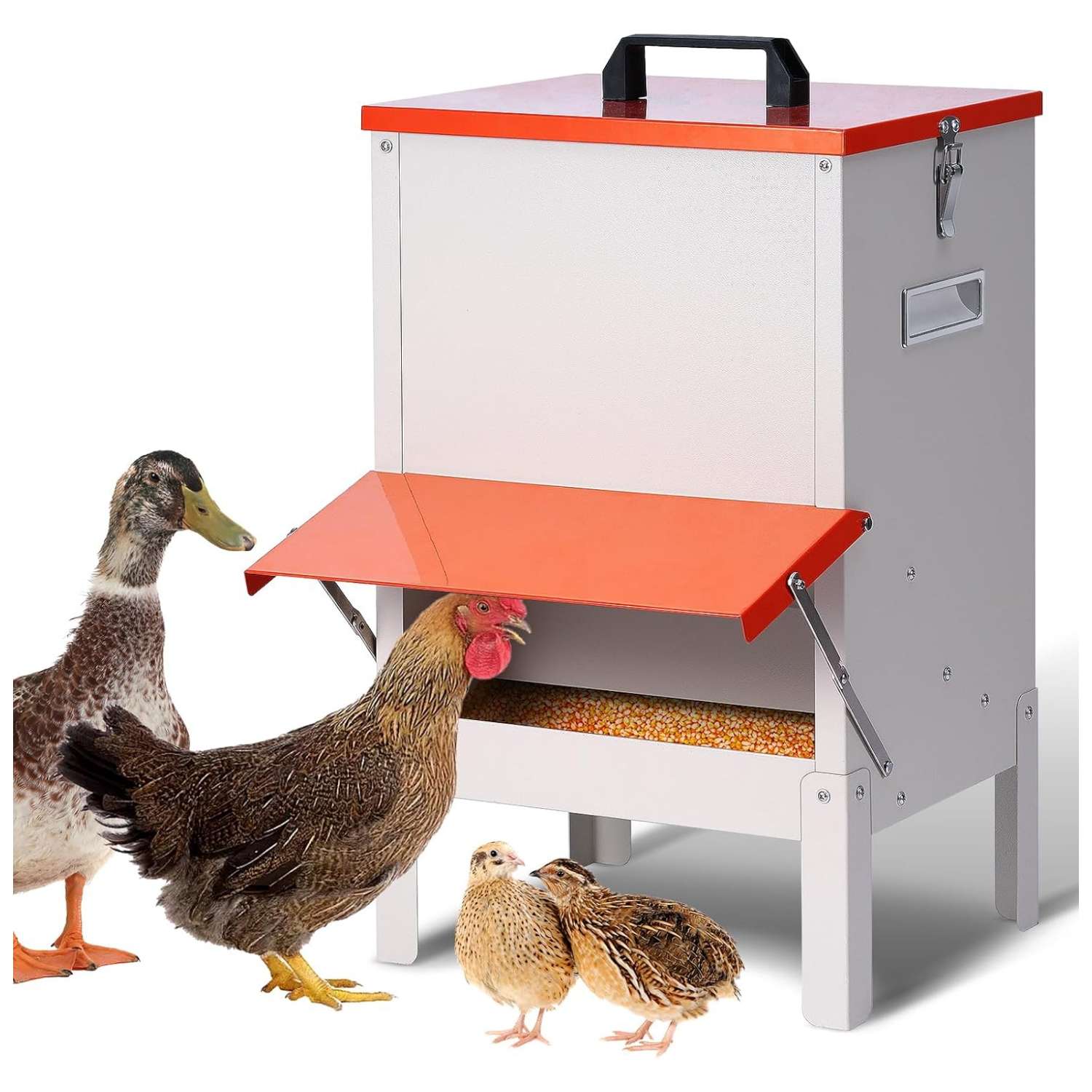 Comedero tolva metalico de 13.5 kg para gallinas con patas ajustables y techo para lluvia.