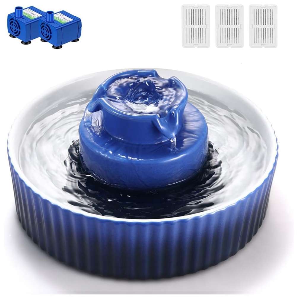 Fuente de agua de ceramica de 2.1 litros para gatos con kit de 2 bombas y 3 filtros incluidos.