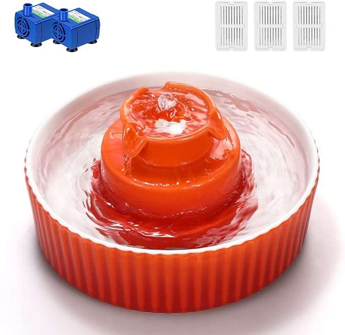 Fuente de agua de ceramica de 2.1 litros para gatos con kit de 2 bombas y 3 filtros incluidos.