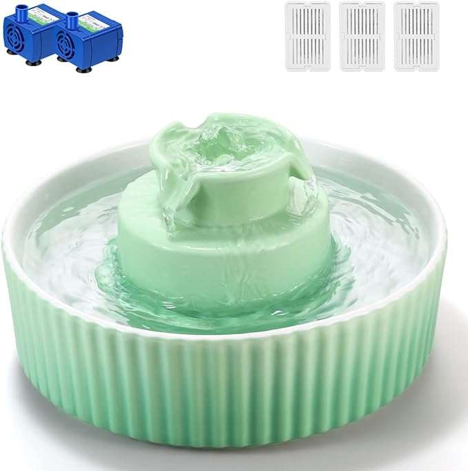 Fuente de agua de ceramica de 2.1 litros para gatos con kit de 2 bombas y 3 filtros incluidos.