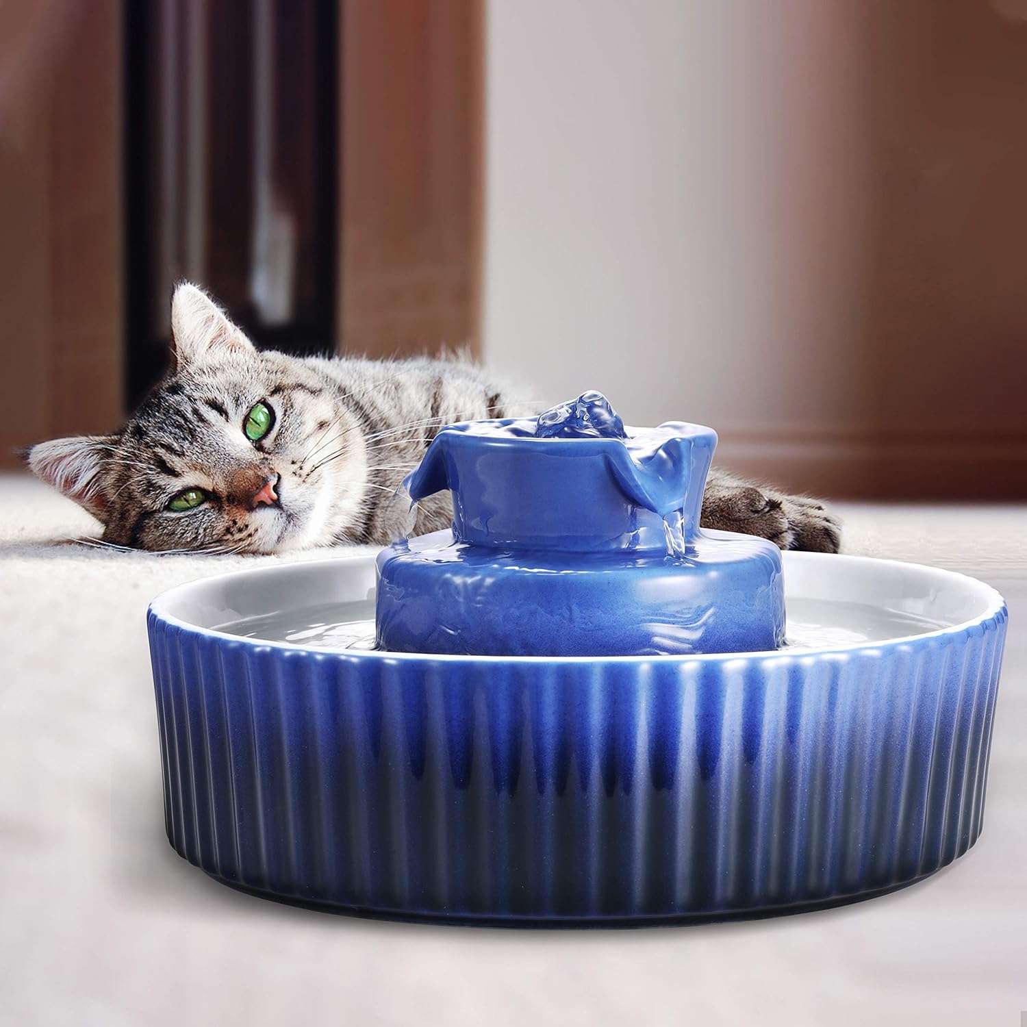 Fuente de agua de ceramica de 2.1 litros para gatos con kit de 2 bombas y 3 filtros incluidos.