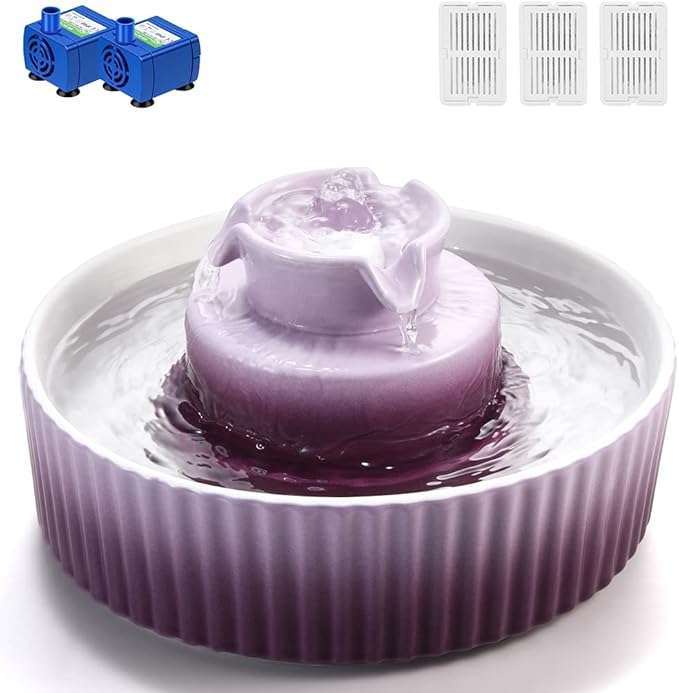 Fuente de agua de ceramica de 2.1 litros para gatos con kit de 2 bombas y 3 filtros incluidos.