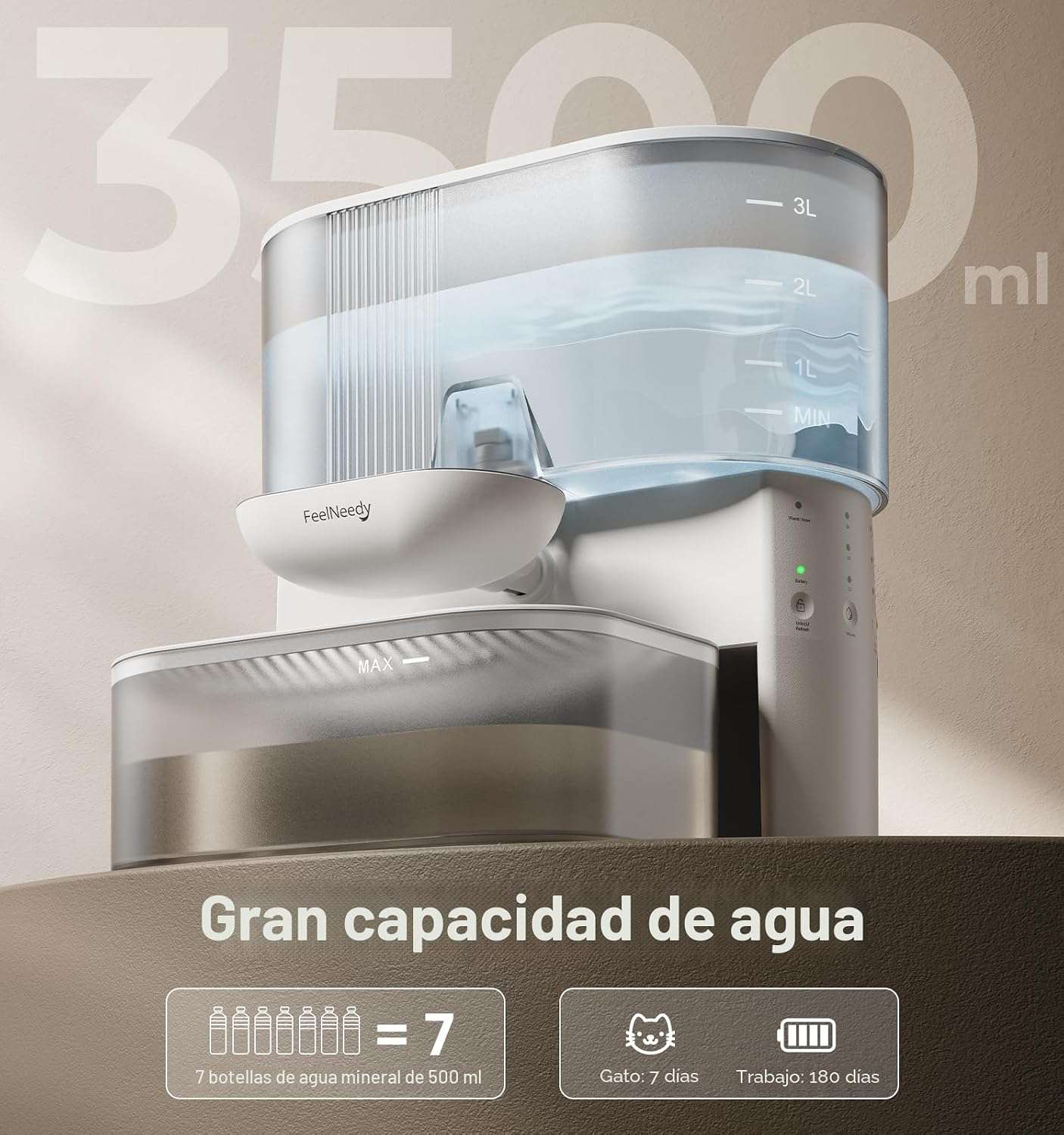 Fuente de Agua Gatos Sin Filtros Autolimpiable 3.5 Litros Inalambrica Bateria 180 Dias - Imagen 6