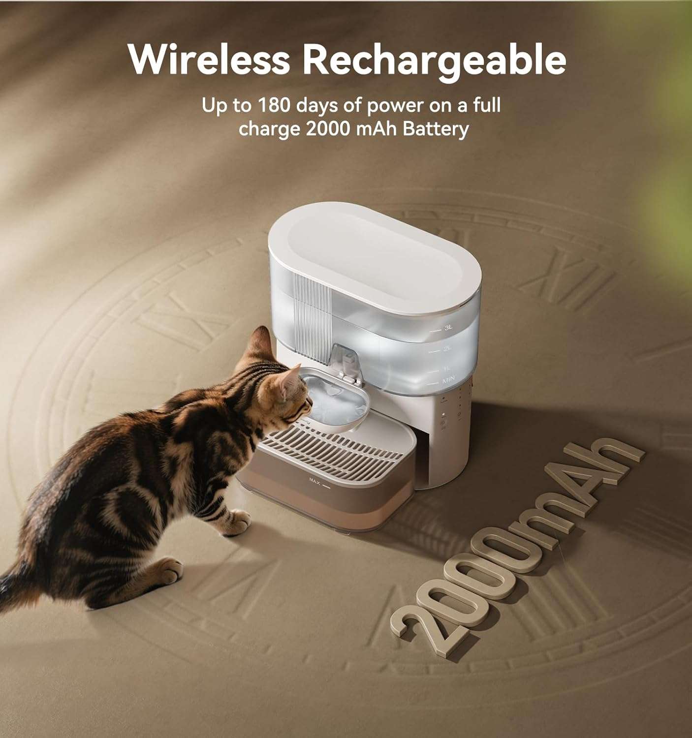 Fuente de agua para gatos autolimpiable sin filtros de 3.5 litros inalambrica con bateria de 180 dias.