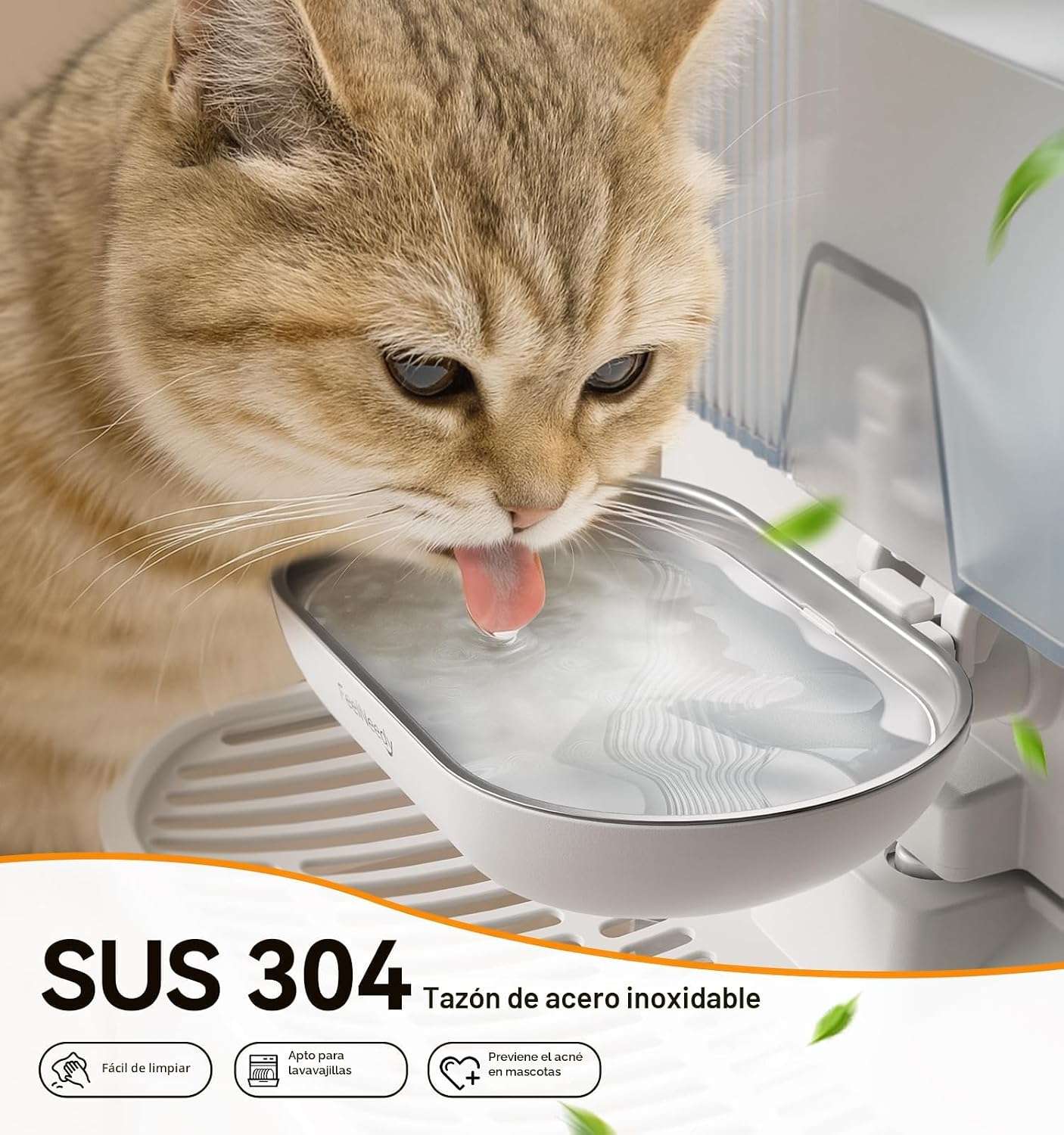 Fuente de agua para gatos autolimpiable sin filtros de 3.5 litros inalambrica con bateria de 180 dias.