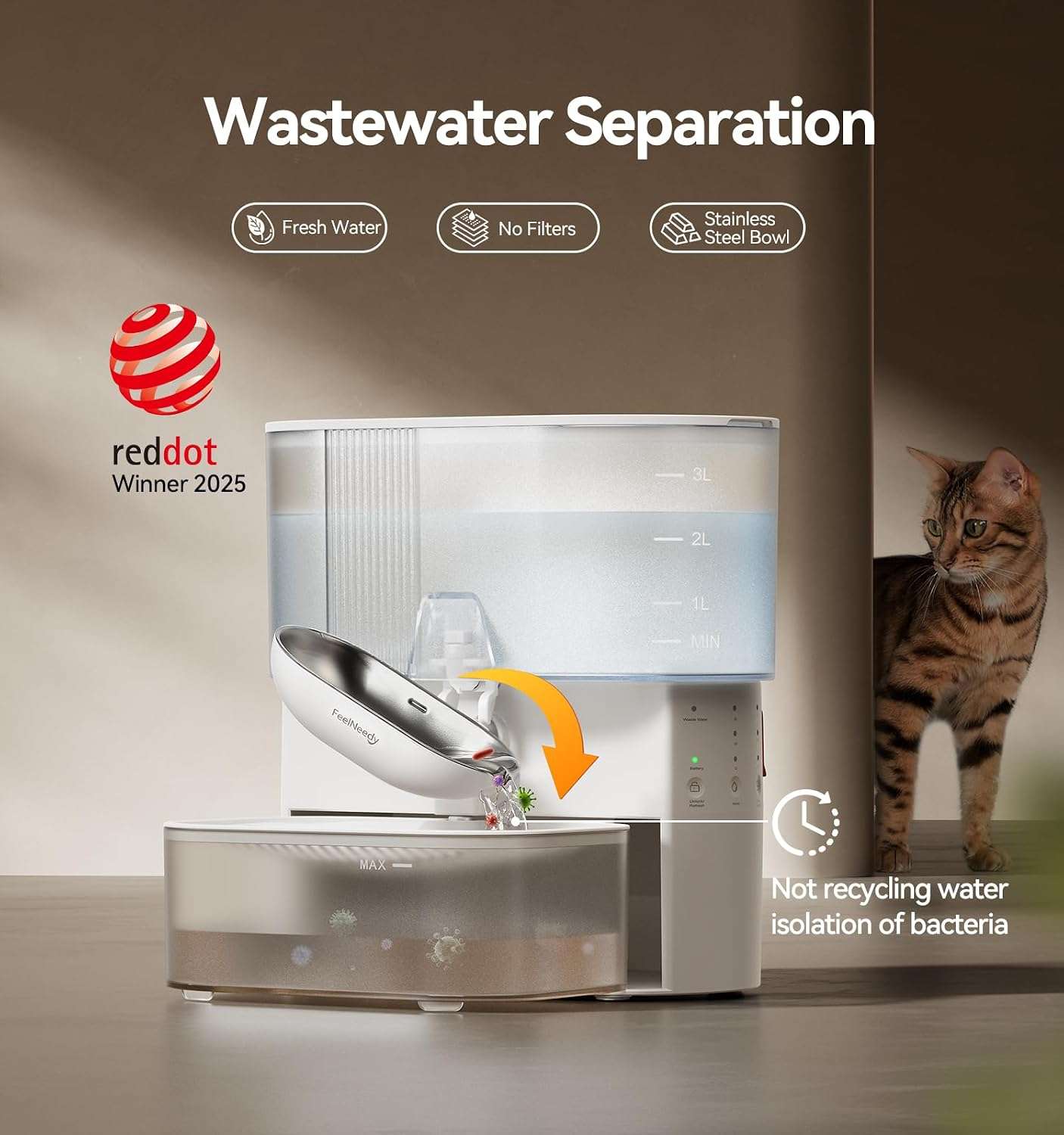 Fuente de agua para gatos autolimpiable sin filtros de 3.5 litros inalambrica con bateria de 180 dias.