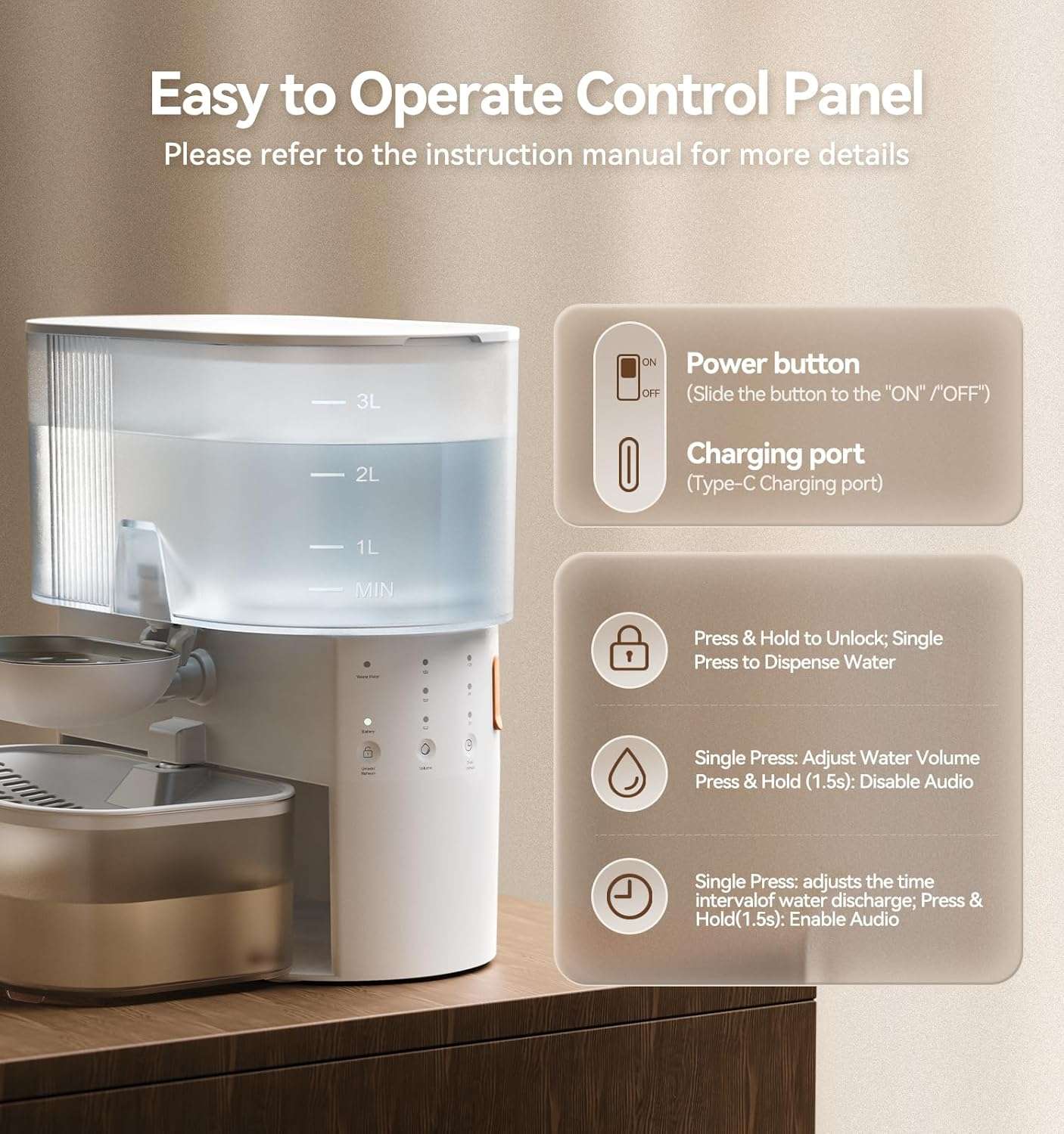 Fuente de agua para gatos autolimpiable sin filtros de 3.5 litros inalambrica con bateria de 180 dias.