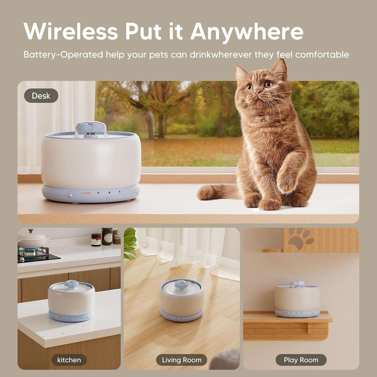 Fuente de agua de ceramica inalambrica de 3 litros para gatos con sensor de radar y bateria de larga duracion.