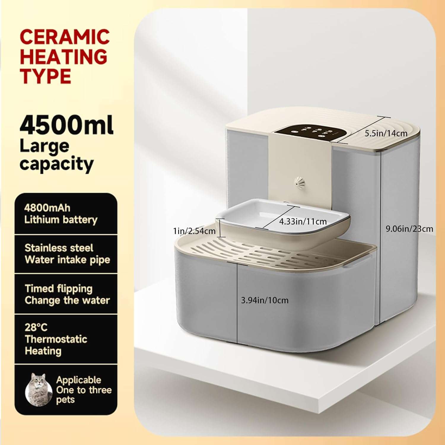 Fuente de agua inalambrica de 4.5 litros de ceramica para gatos con control de temperatura y bateria de larga duracion.