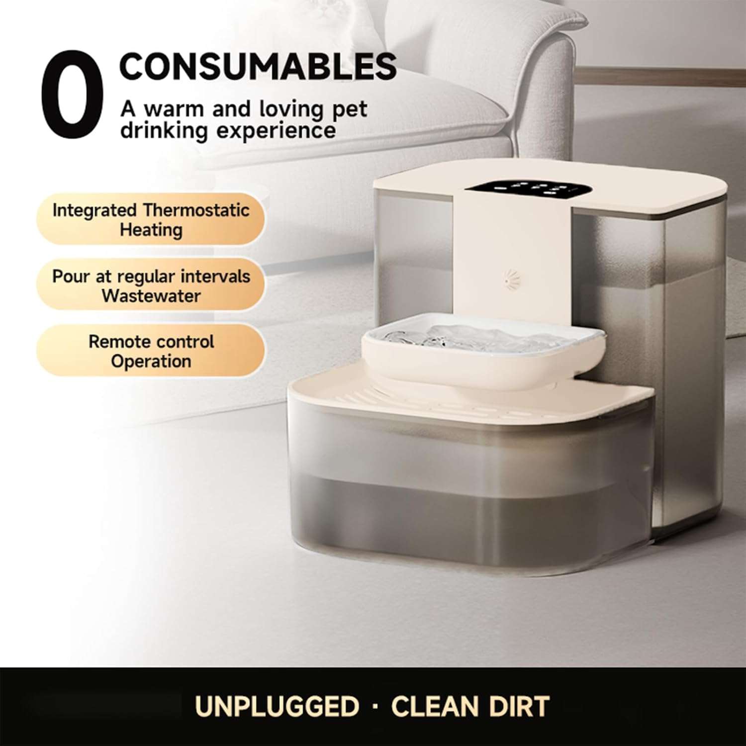 Fuente de agua inalambrica de 4.5 litros de ceramica para gatos con control de temperatura y bateria de larga duracion.