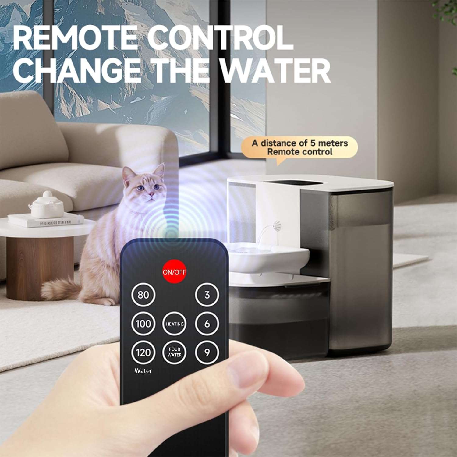Fuente de agua inalambrica de 4.5 litros de ceramica para gatos con control de temperatura y bateria de larga duracion.