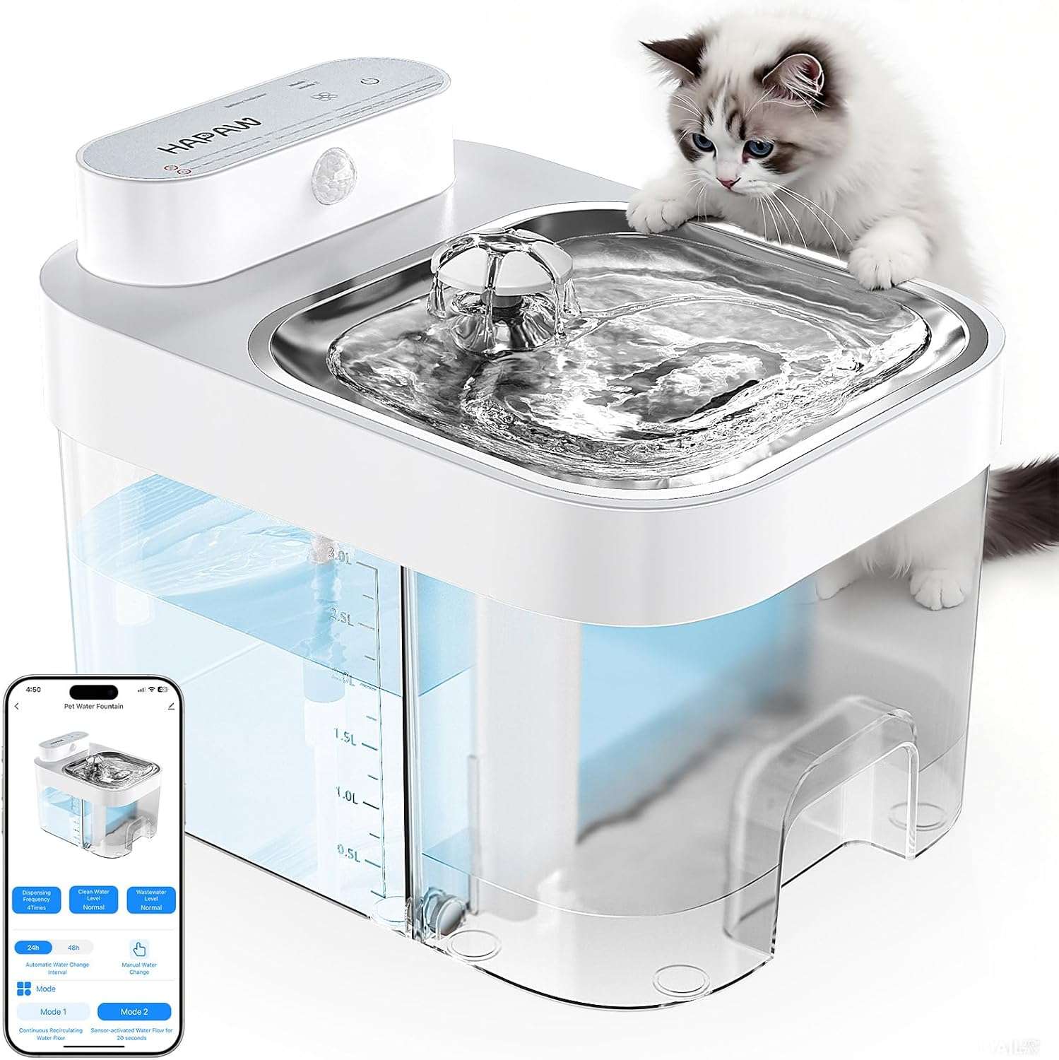 Fuente de agua inteligente para gatos sin filtros con separacion de aguas control WiFi y bateria de respaldo.