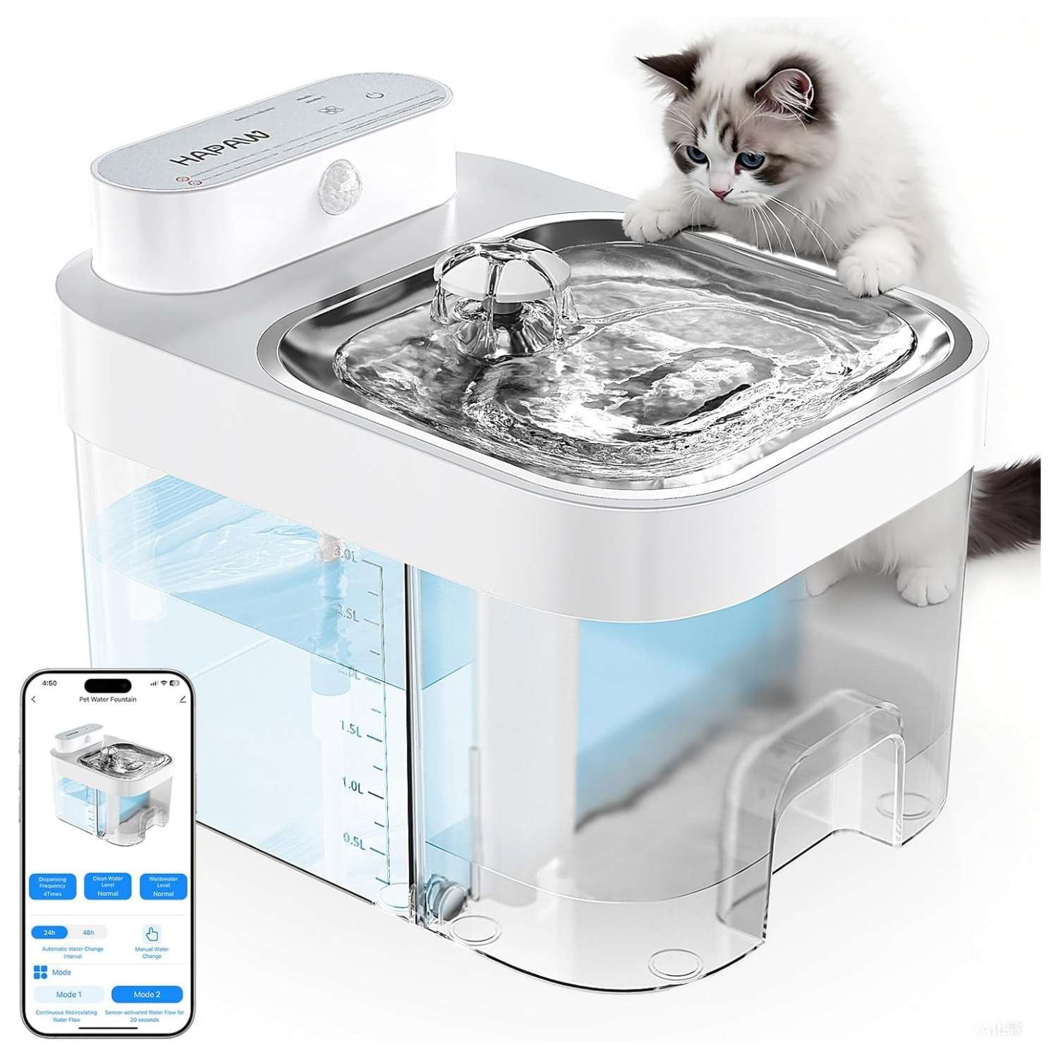 Fuente de agua inteligente para gatos sin filtros con separacion de aguas control WiFi y bateria de respaldo.