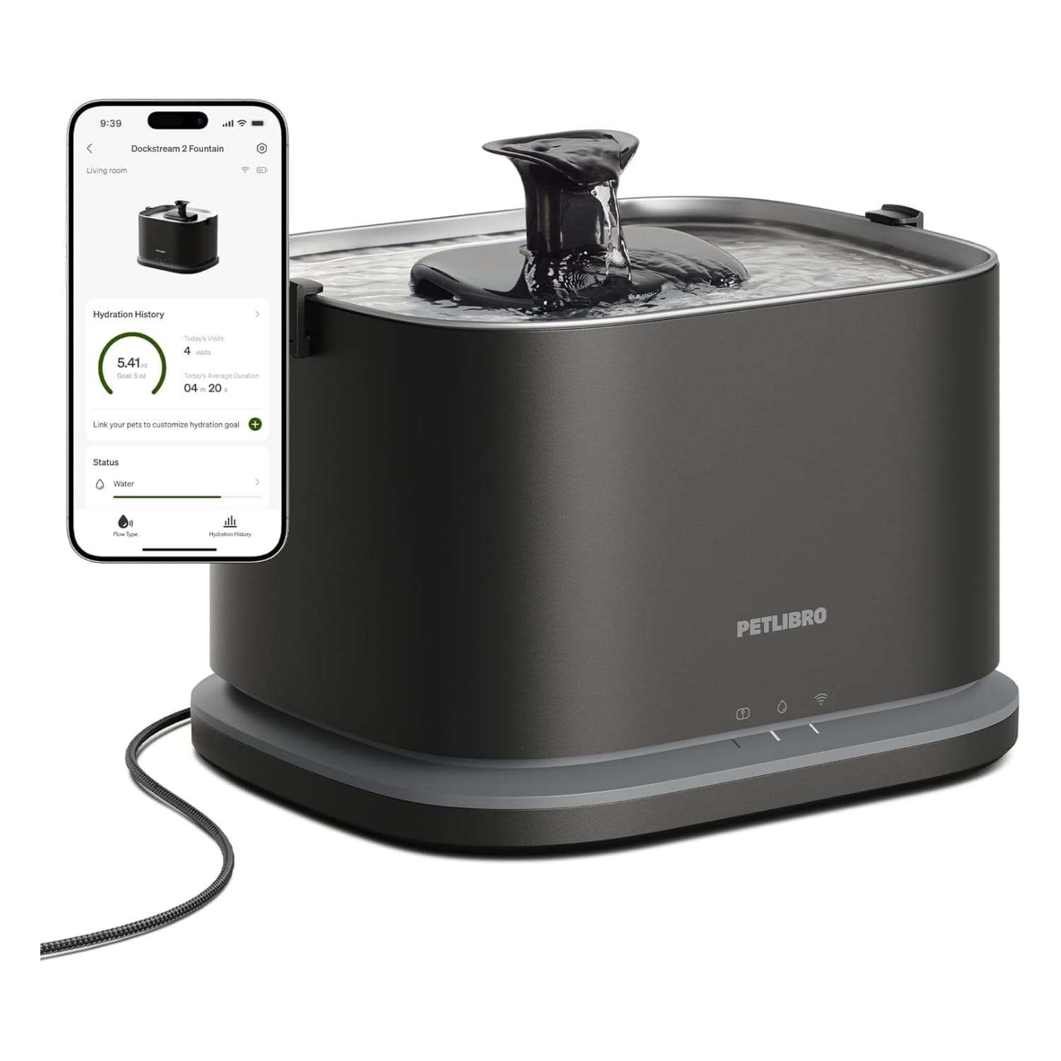 Fuente de agua inteligente para gatos con WiFi 5Ghz bomba inalambrica de acero inoxidable y rastreo de hidratacion por App.