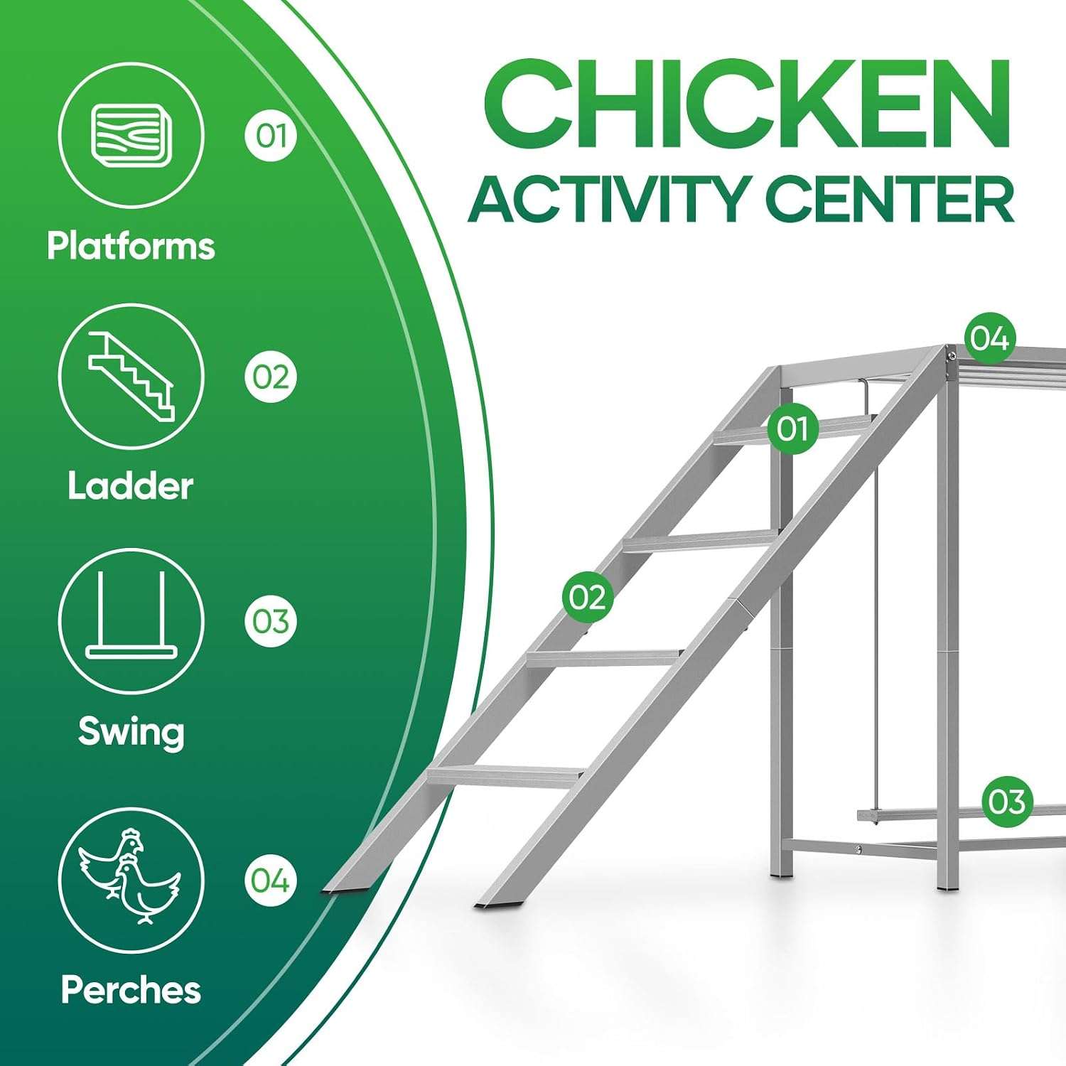 Juego de madera y metal para gallinas de 170 cm con columpio y escaleras para 10 aves