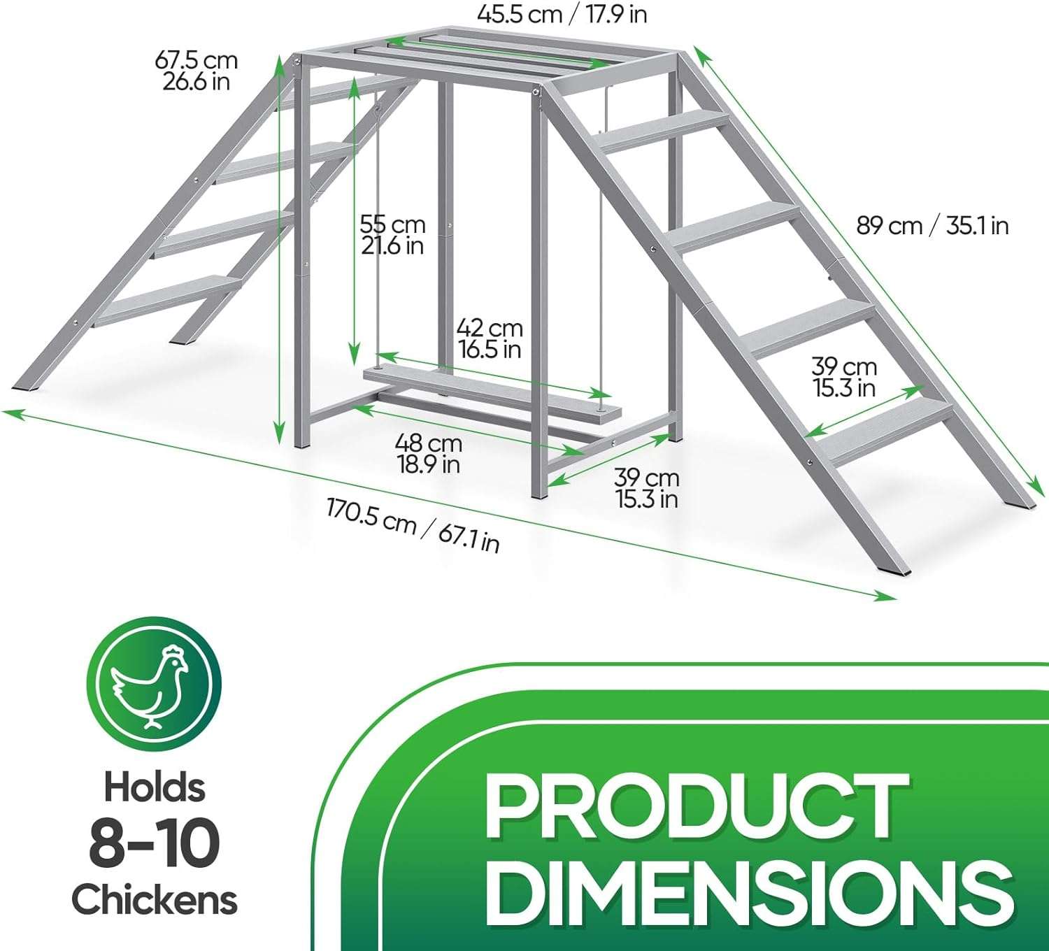 Juego de madera y metal para gallinas de 170 cm con columpio y escaleras para 10 aves