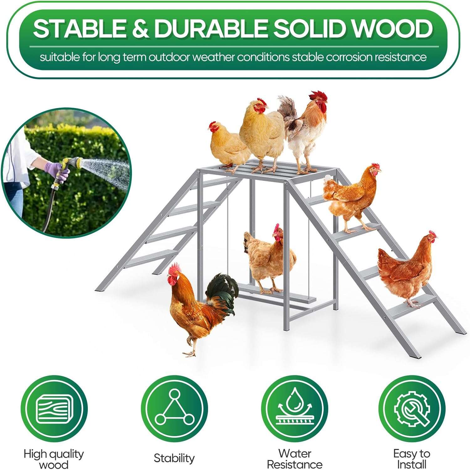 Juego de madera y metal para gallinas de 170 cm con columpio y escaleras para 10 aves