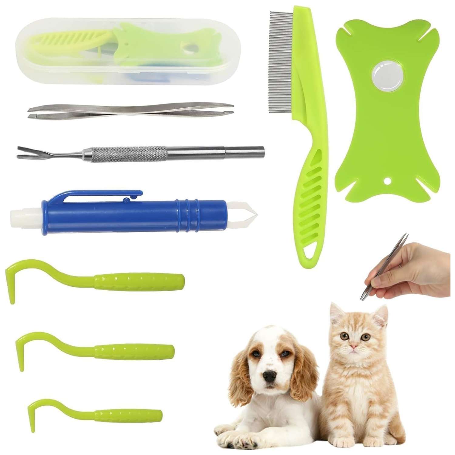 Kit 8 piezas saca garrapatas y pulgas con lupa y pinzas de acero para perros y gatos