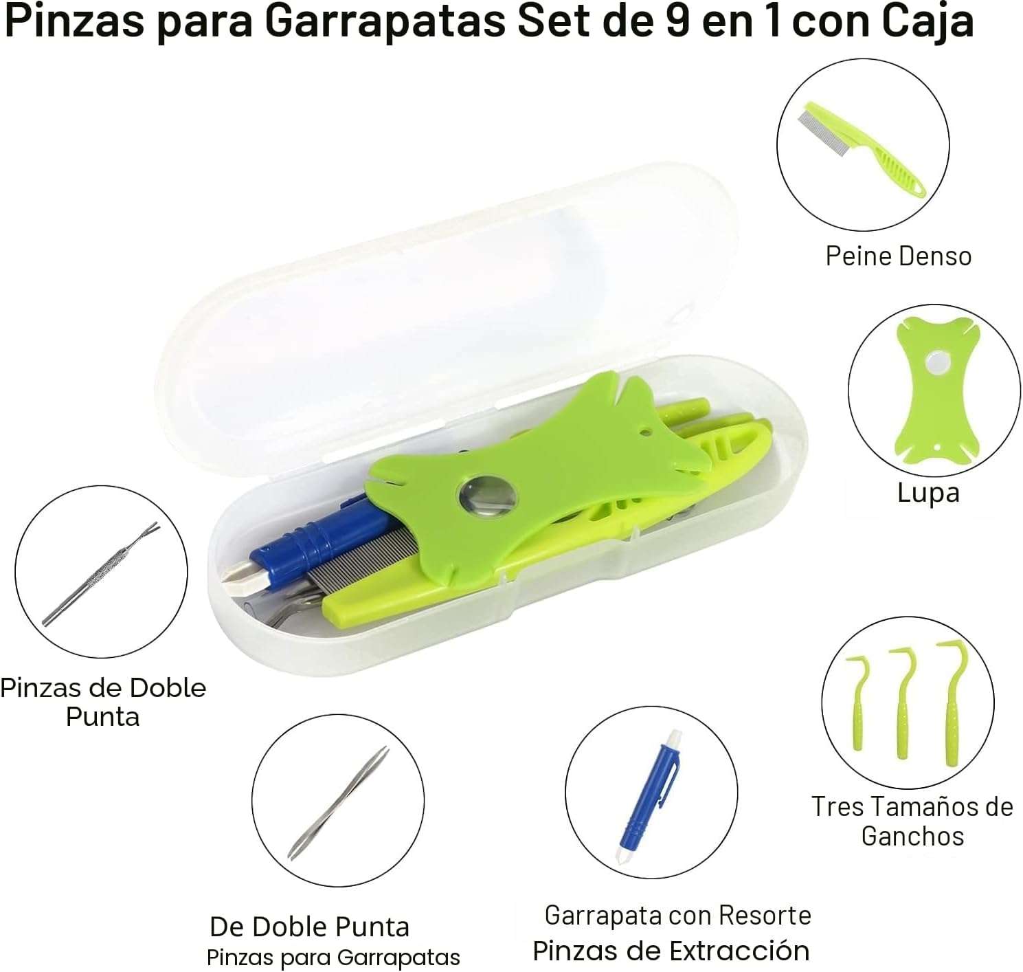 Kit 8 piezas saca garrapatas y pulgas con lupa y pinzas de acero para perros y gatos