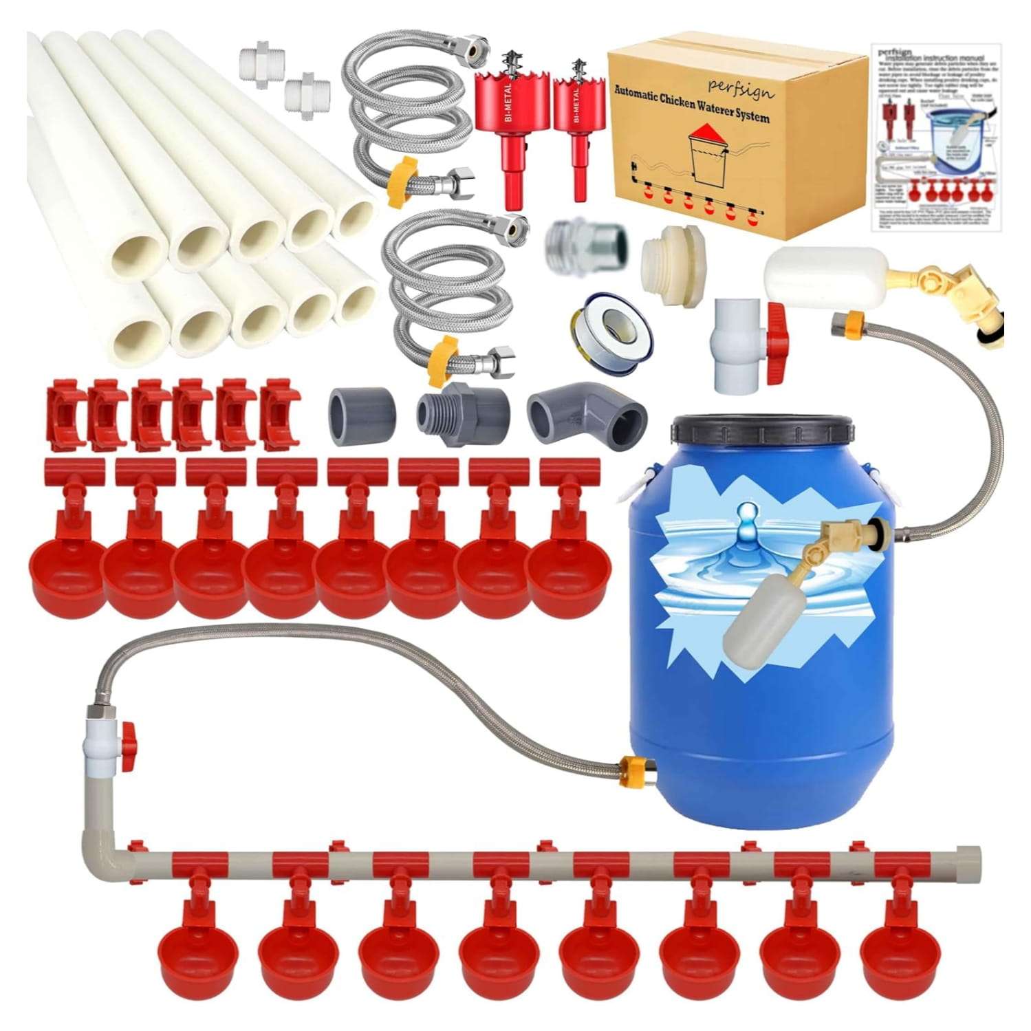 Kit de bebedero automatico para gallinas con 58 accesorios tuberias de pvc y tazas antifugas.