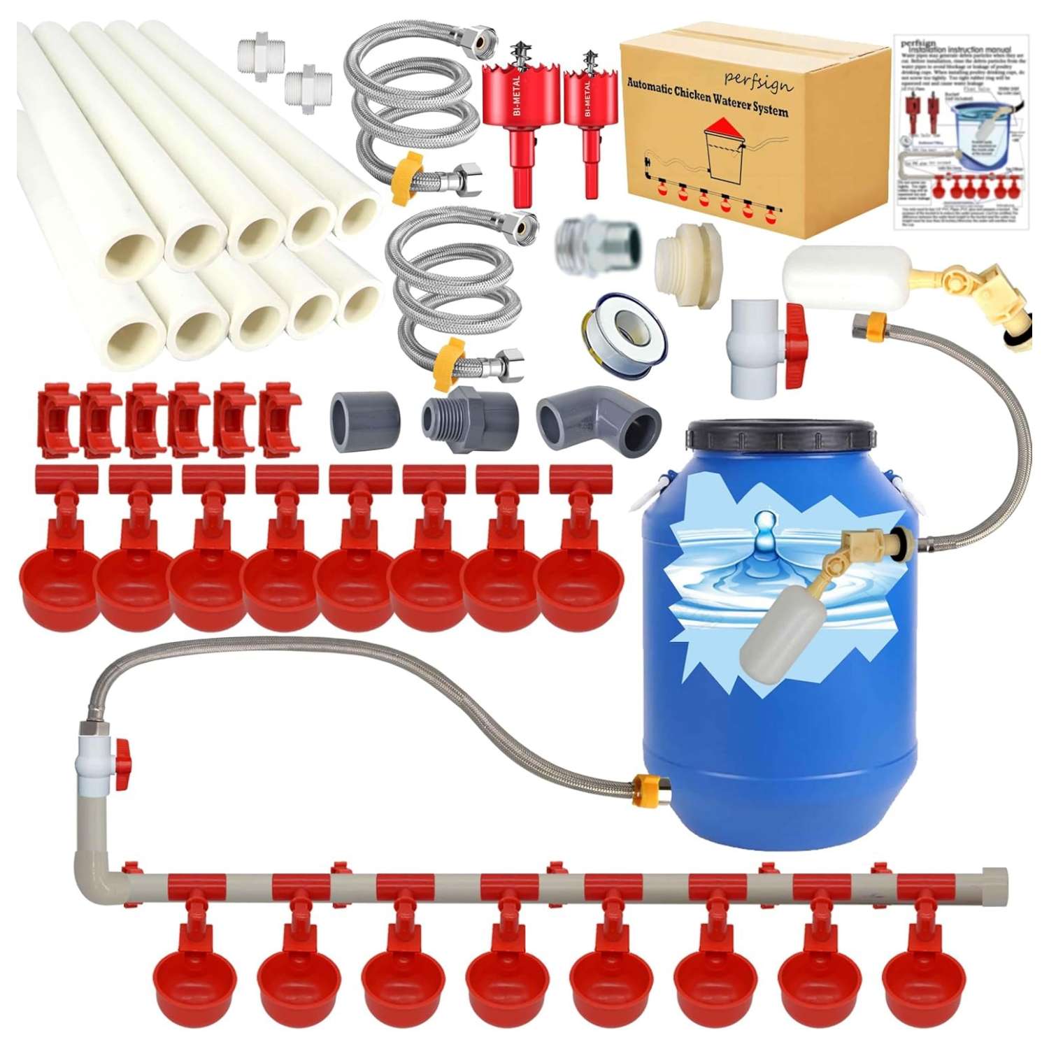 Kit de bebedero automatico para gallinas con 58 accesorios tuberias de pvc y tazas antifugas.