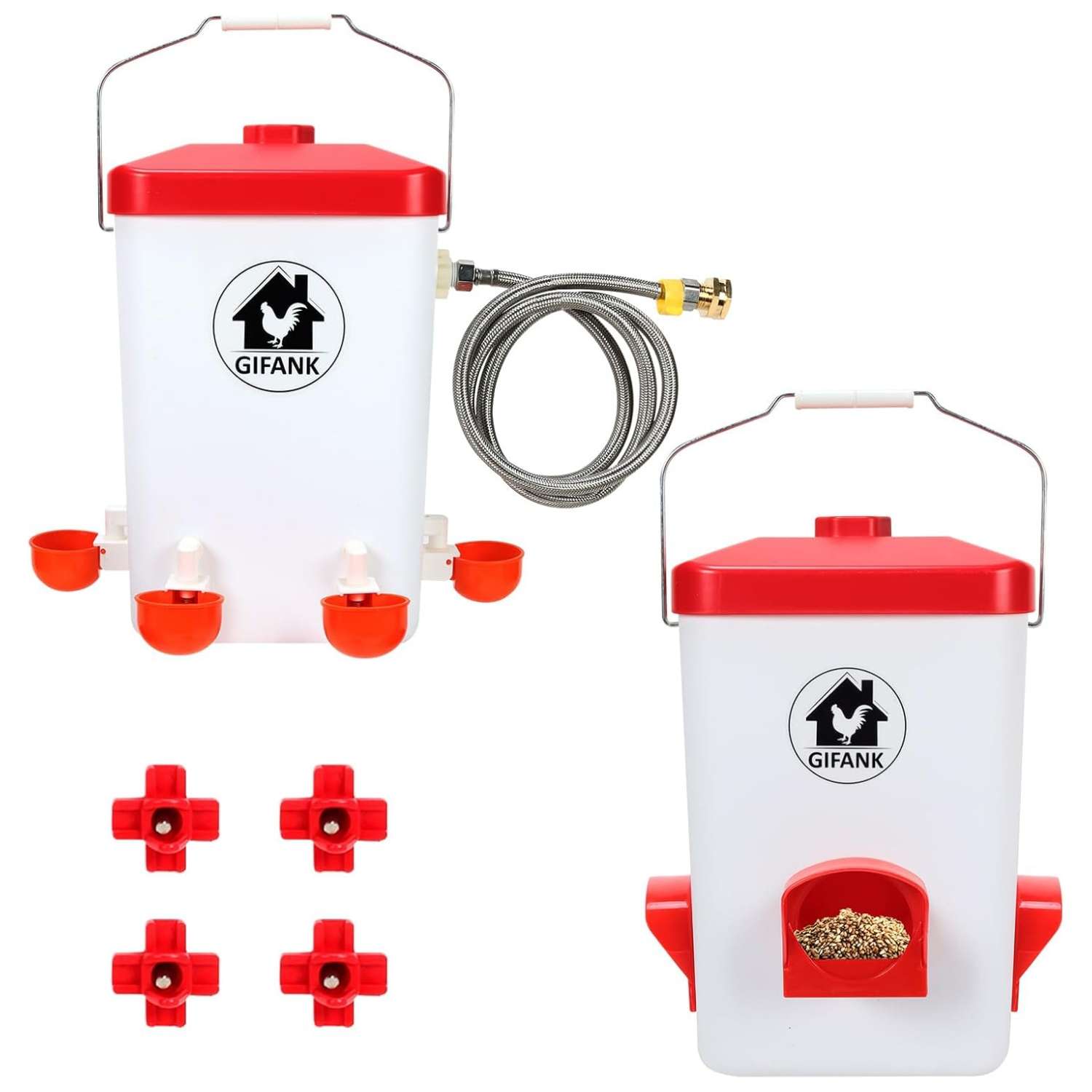 Kit de comedero 10 kg y bebedero 11 litros con conexion a manguera para gallinas y patos automatico.