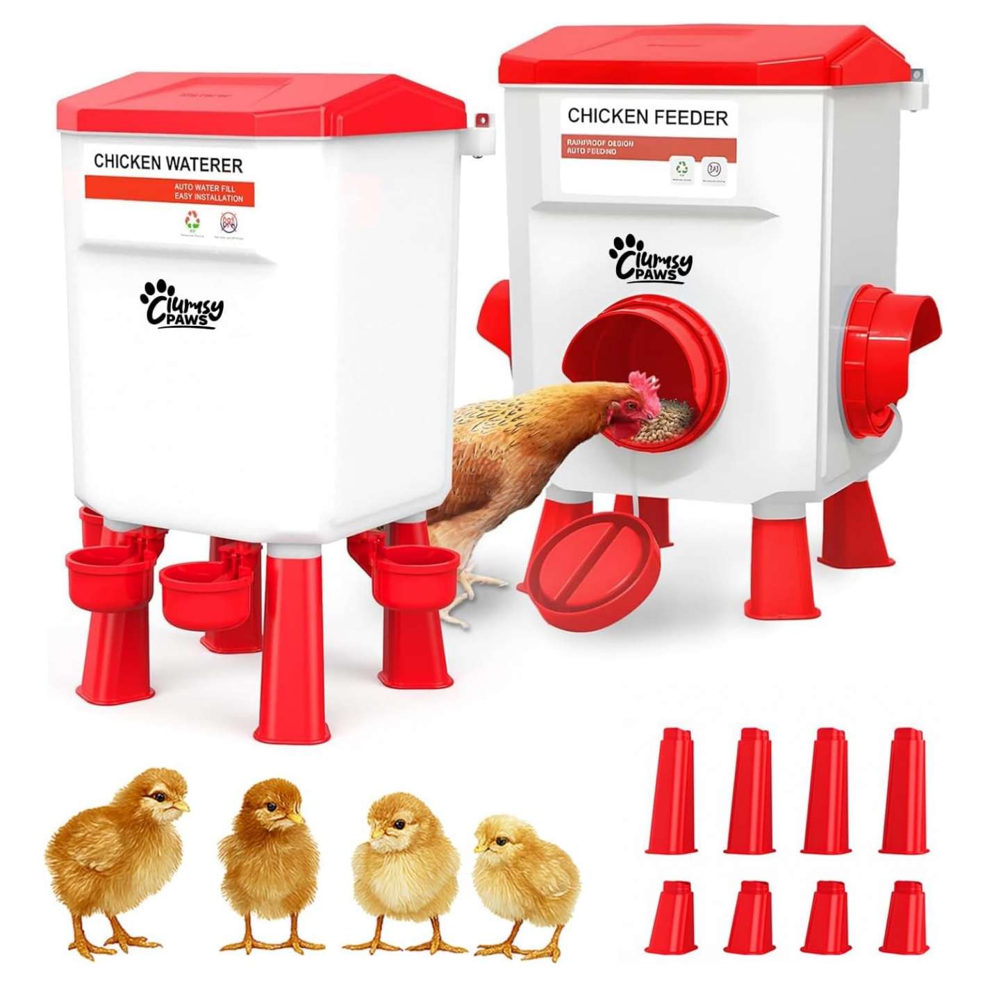 Kit de comedero y bebedero para gallinas con patas ajustables disponible en modelos de 8kg 7l y 11kg 12l.