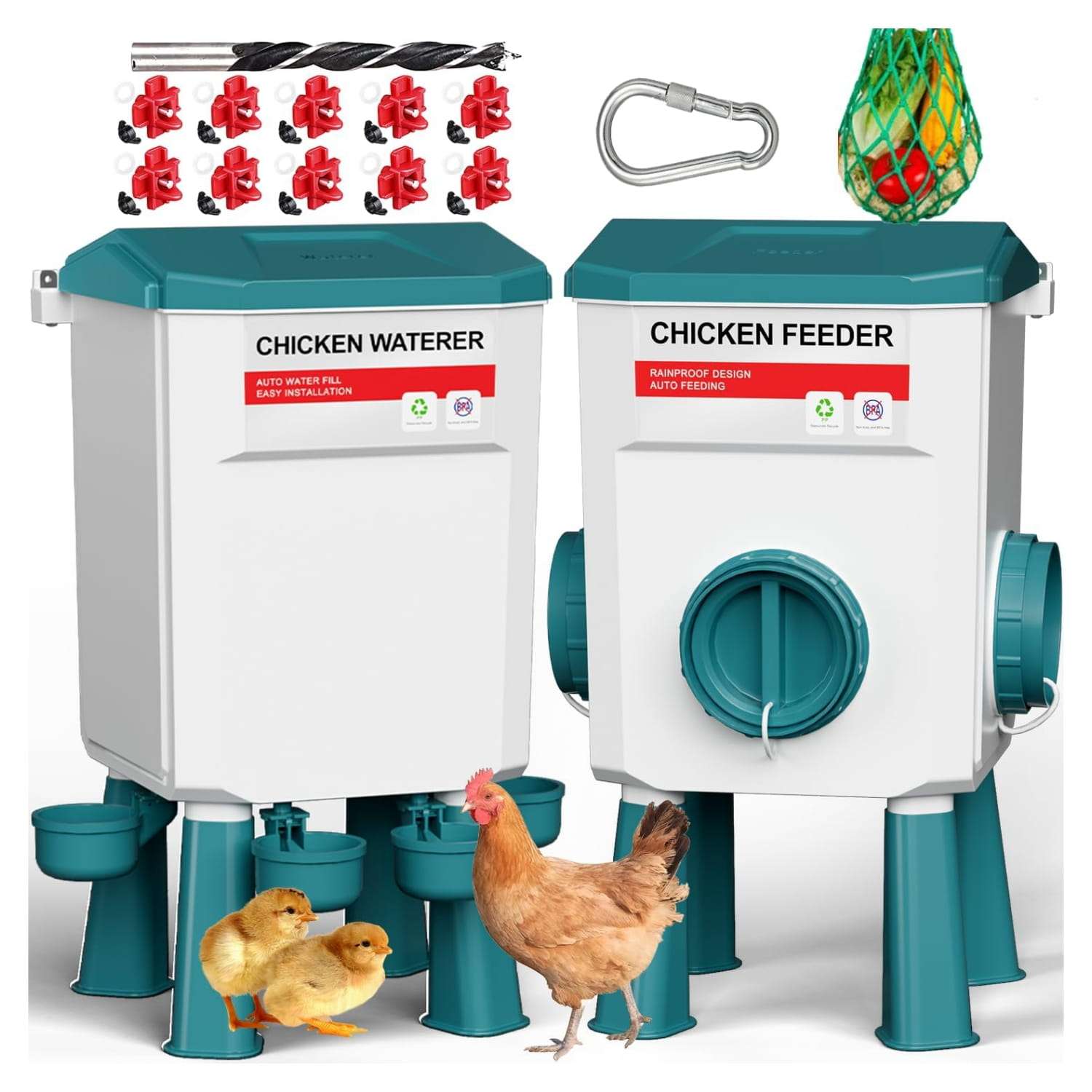 Kit completo de comedero y bebedero para gallinas de 8 kg y 12 kg con patas ajustables red de verduras y niples.