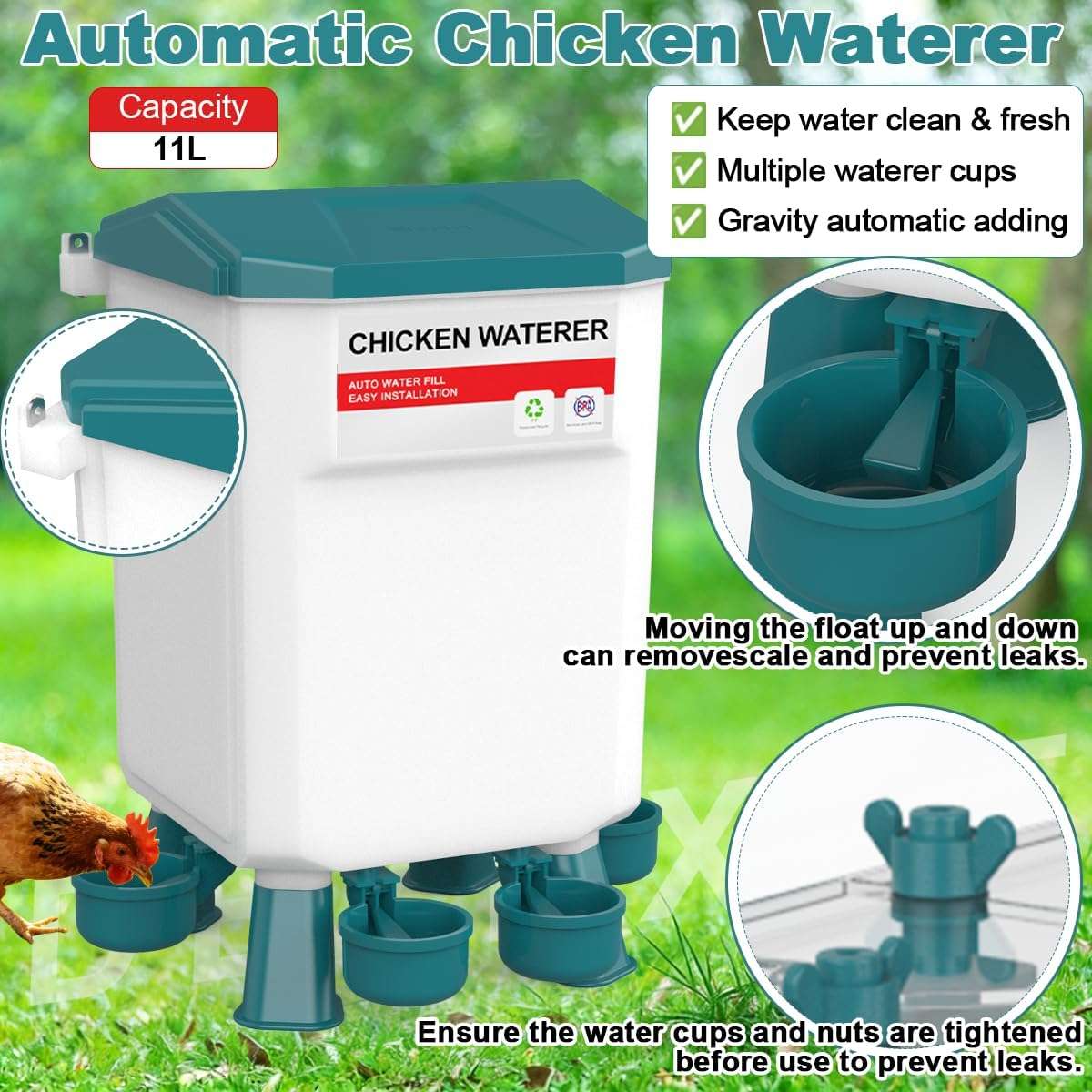 Kit completo de comedero y bebedero para gallinas de 8 kg y 12 kg con patas ajustables red de verduras y niples.