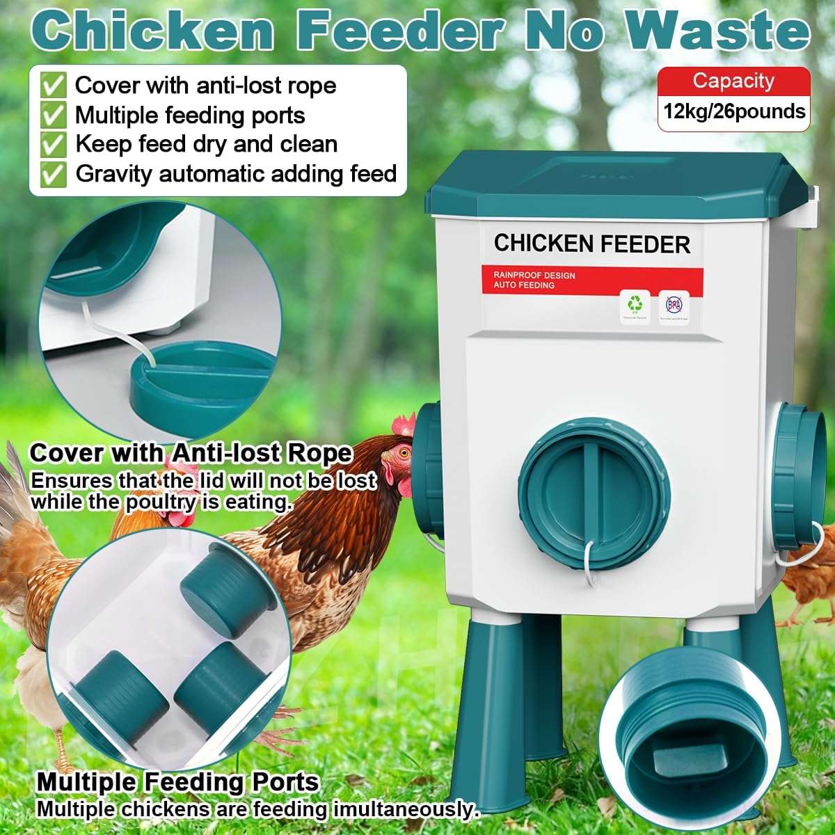 Kit completo de comedero y bebedero para gallinas de 8 kg y 12 kg con patas ajustables red de verduras y niples.