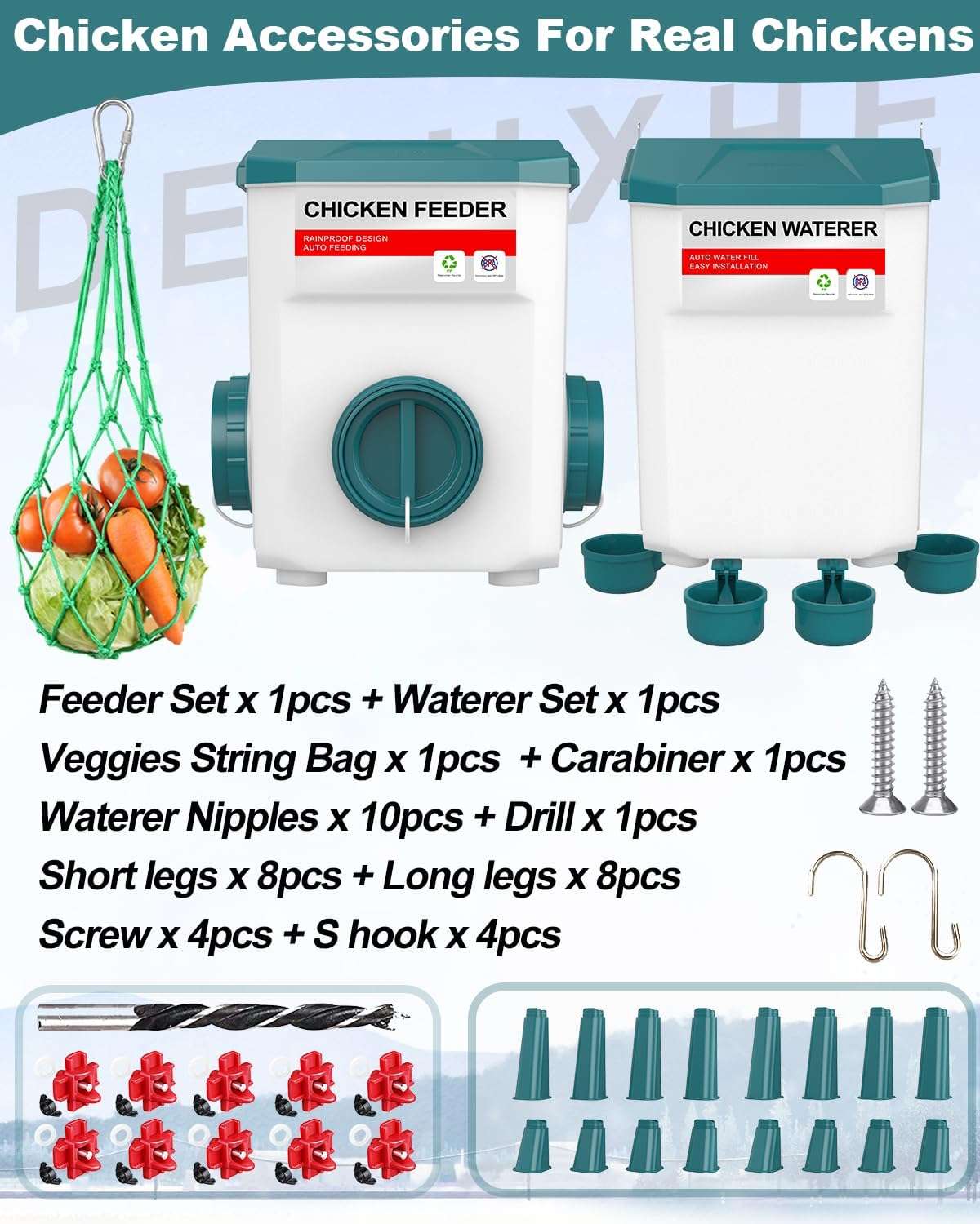Kit completo de comedero y bebedero para gallinas de 8 kg y 12 kg con patas ajustables red de verduras y niples.