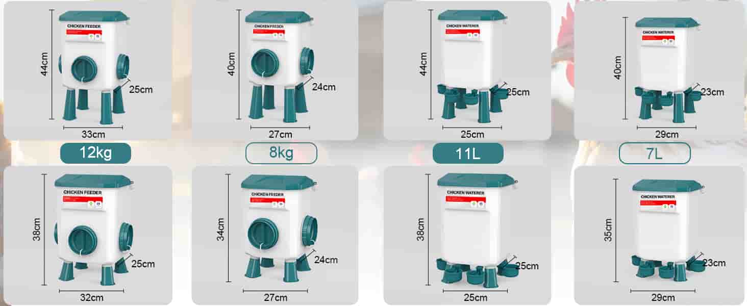 Kit completo de comedero y bebedero para gallinas de 8 kg y 12 kg con patas ajustables red de verduras y niples.