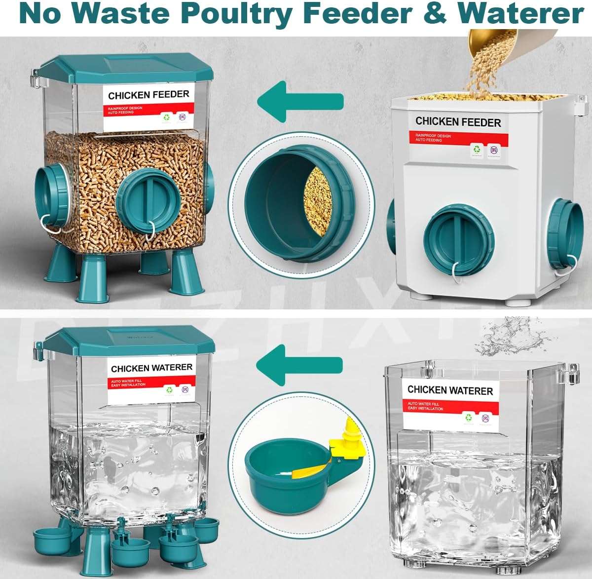 Kit completo de comedero y bebedero para gallinas de 8 kg y 12 kg con patas ajustables red de verduras y niples.