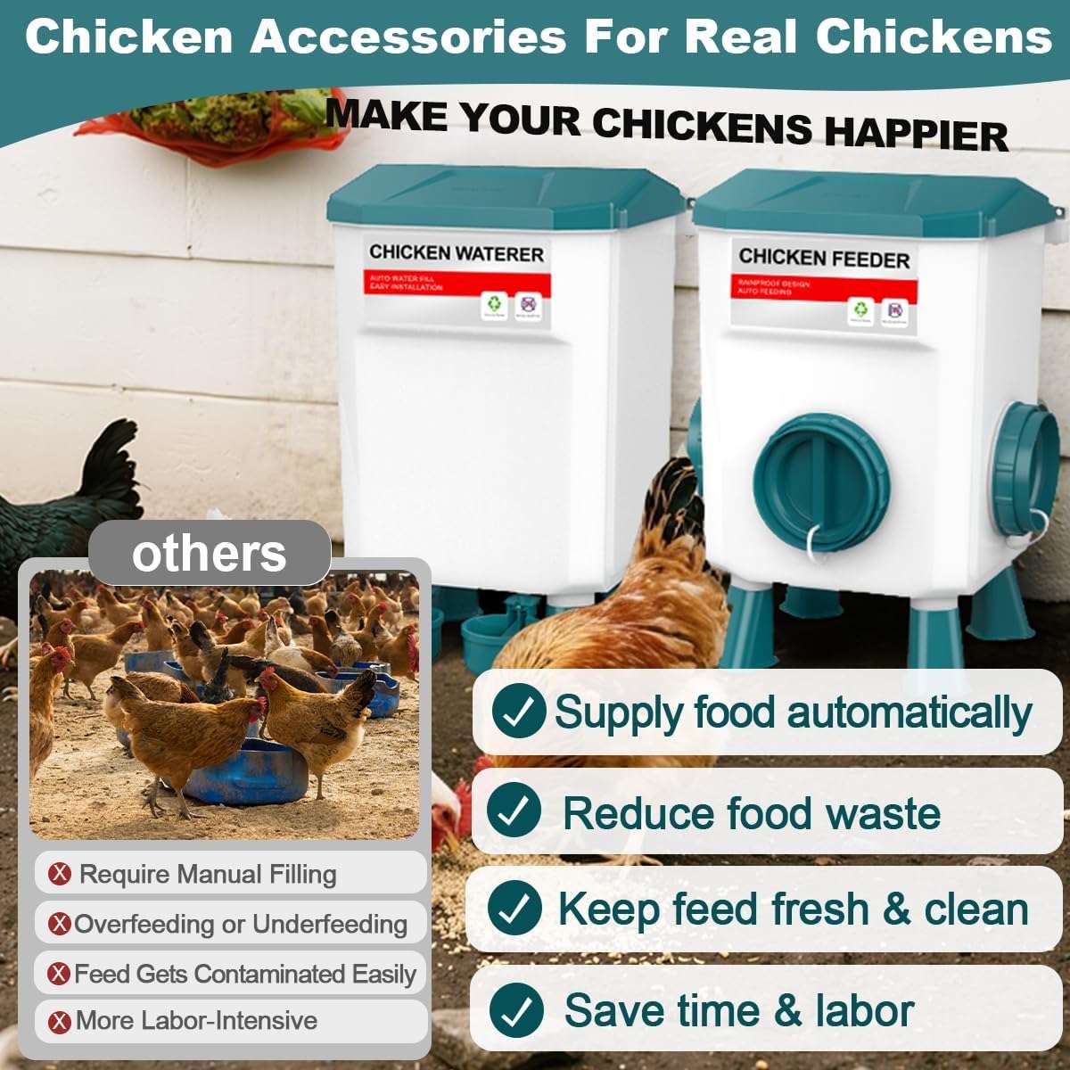 Kit completo de comedero y bebedero para gallinas de 8 kg y 12 kg con patas ajustables red de verduras y niples.