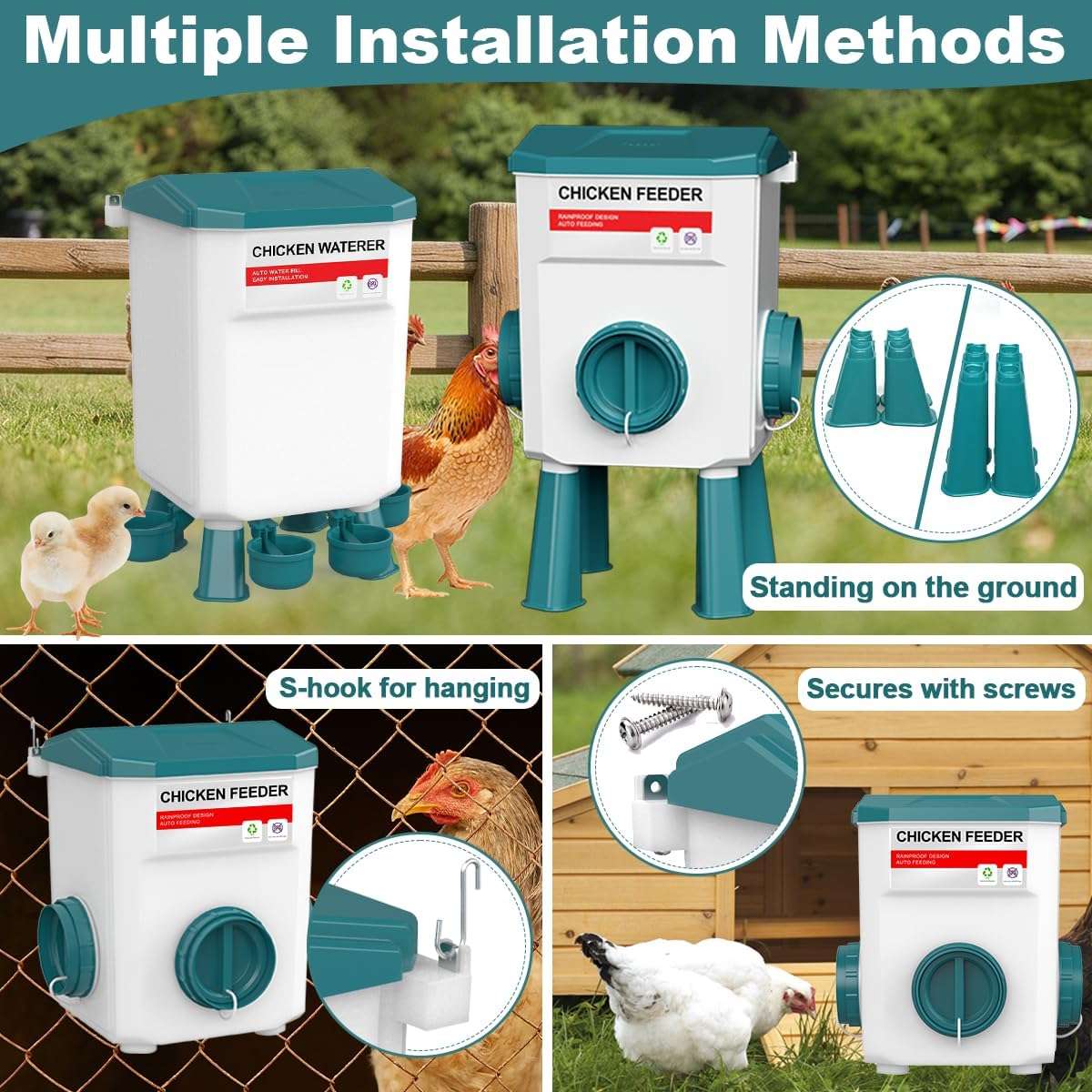 Kit completo de comedero y bebedero para gallinas de 8 kg y 12 kg con patas ajustables red de verduras y niples.