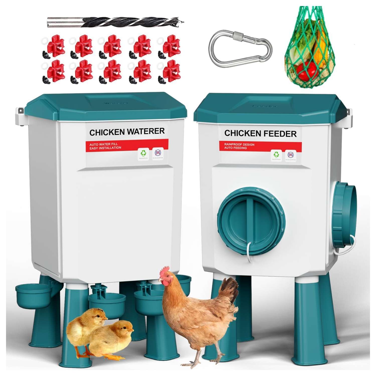 Kit completo de comedero y bebedero para gallinas de 8 kg y 12 kg con patas ajustables red de verduras y niples.