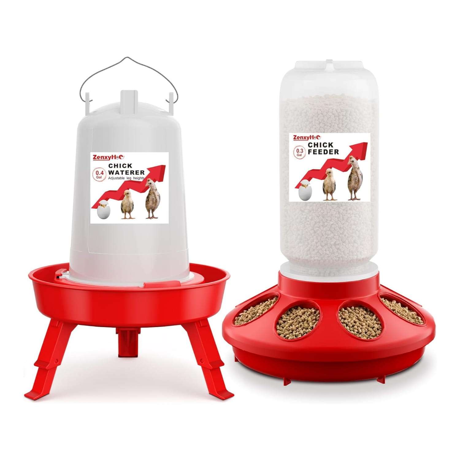 Kit de comedero y bebedero para gallinas de 1 kg y 1.5 litros con patas ajustables anti desperdicio.