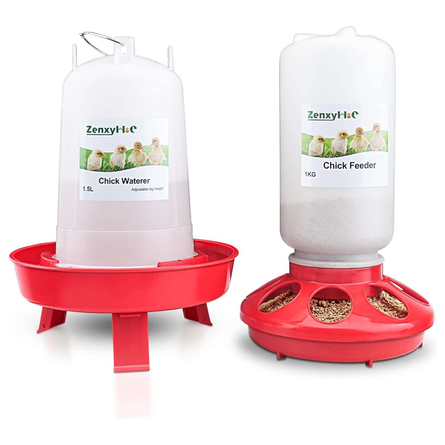 Kit de comedero y bebedero para gallinas de 1 kg y 1.5 litros con patas ajustables anti desperdicio.