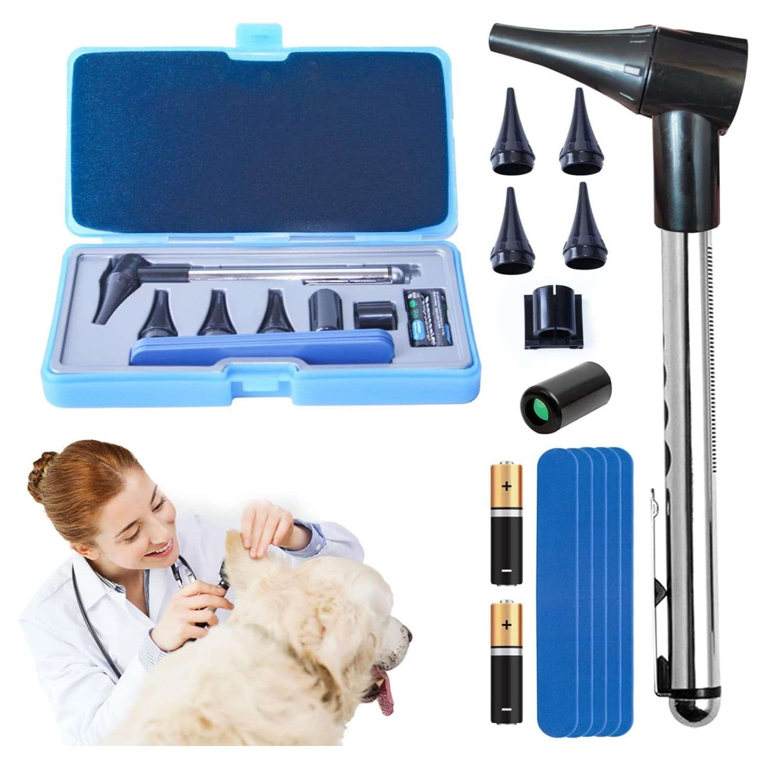 Kit de diagnostico veterinario 4 en 1 con otoscopio y oftalmoscopio luz led para revision de mascotas